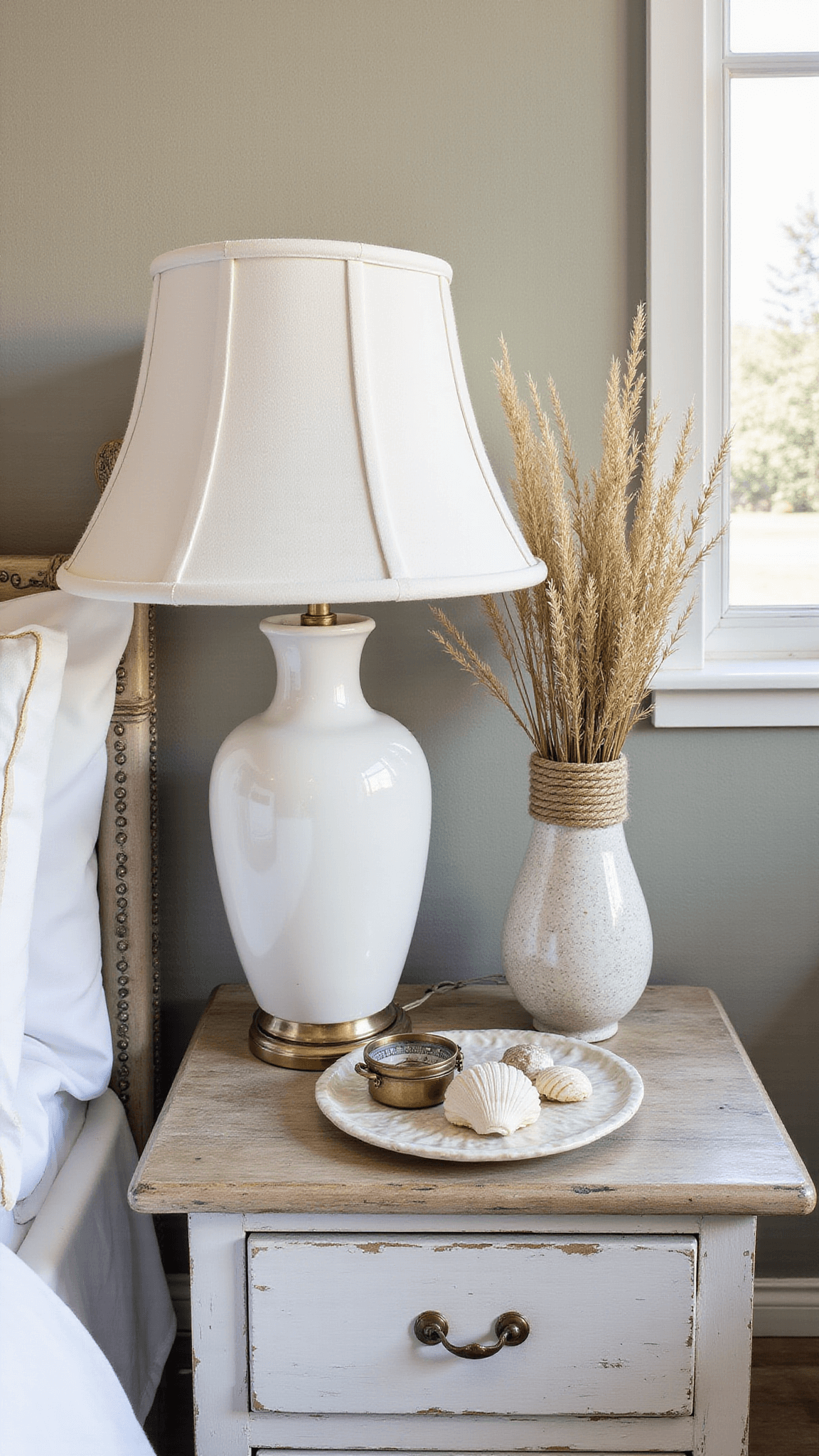 Coastal-themed bedside table flat lay with white ceramic lamp, rope-wrapped vase of pampas grass, brass compass, and shell collection on pearl tray, lit by morning light.