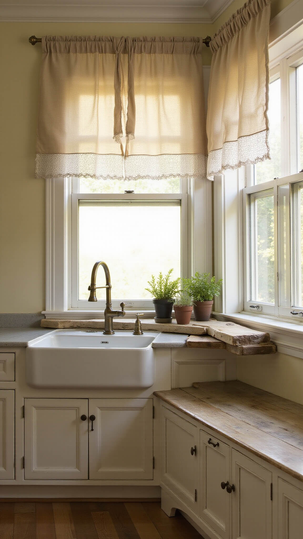 Sunlit farmhouse kitchen with oak floors, vintage sink, layered curtains, and potted herbs on window shelf.