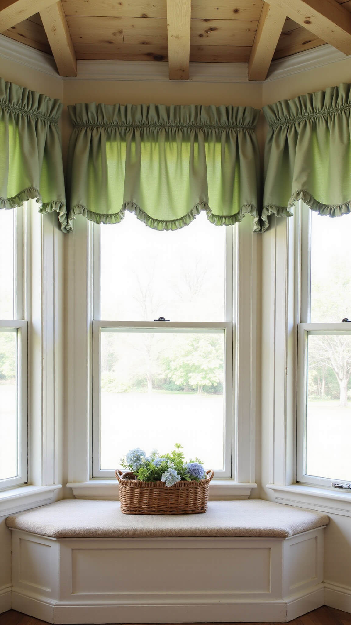 Cozy kitchen nook with sage green ruffled curtains on a bay window, scalloped valance, vintage metal hardware, and a flower-filled basket on a window seat under exposed wooden beams.