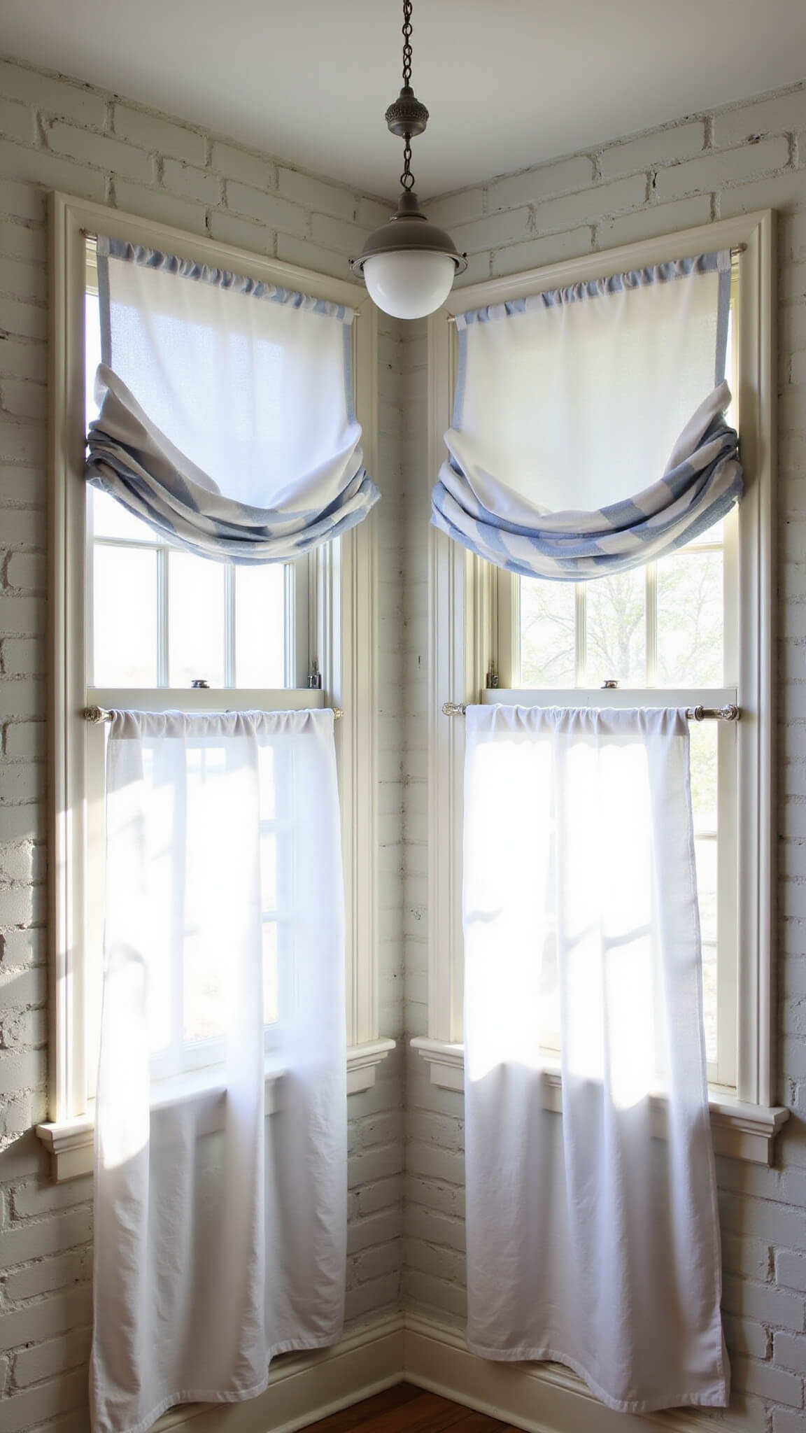 Corner breakfast nook with layered white and blue striped curtains, early morning light streaming through double windows, and a whitewashed brick wall backdrop.