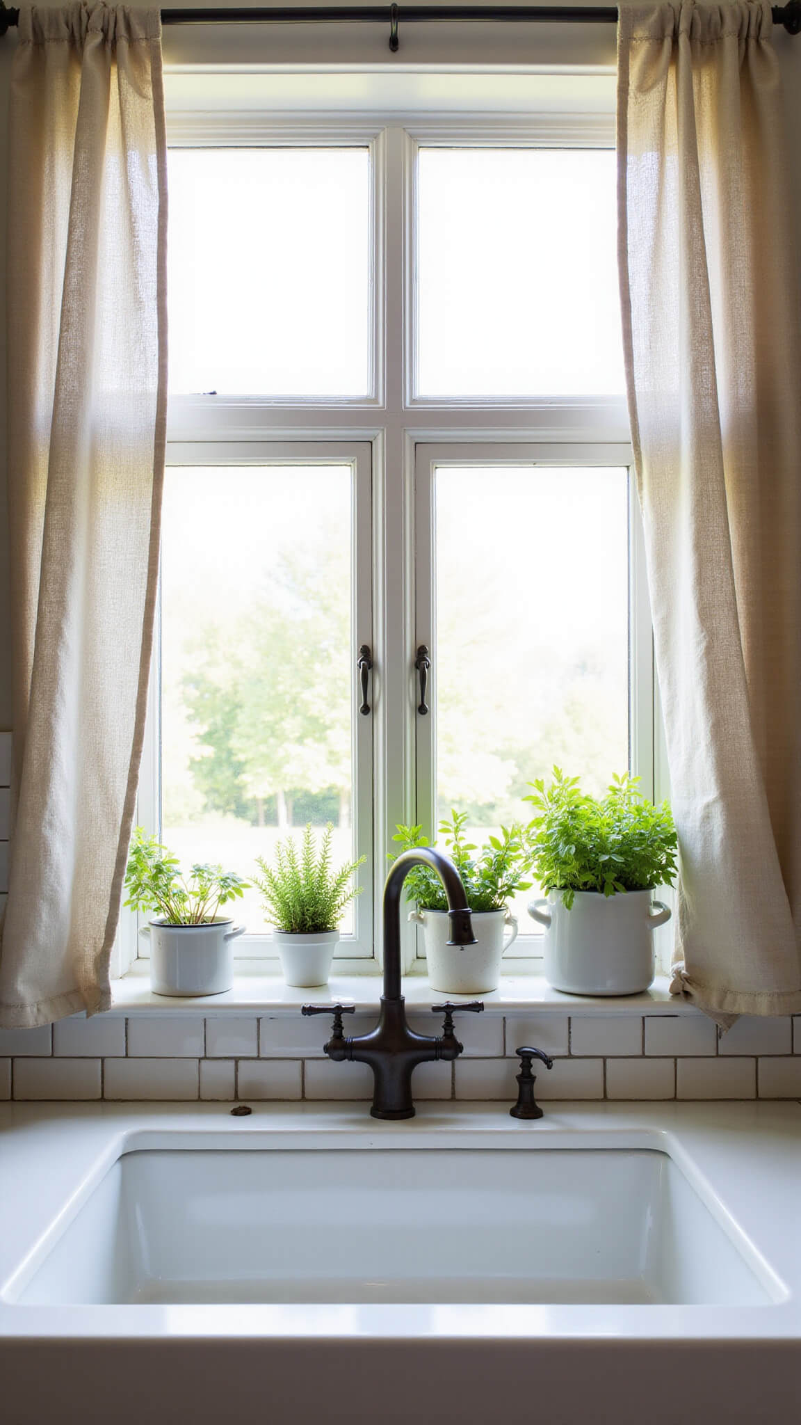 Farmhouse kitchen window above sink with unbleached linen café curtains, vintage enamelware of herbs on wide sill, and warm afternoon light filtering through.