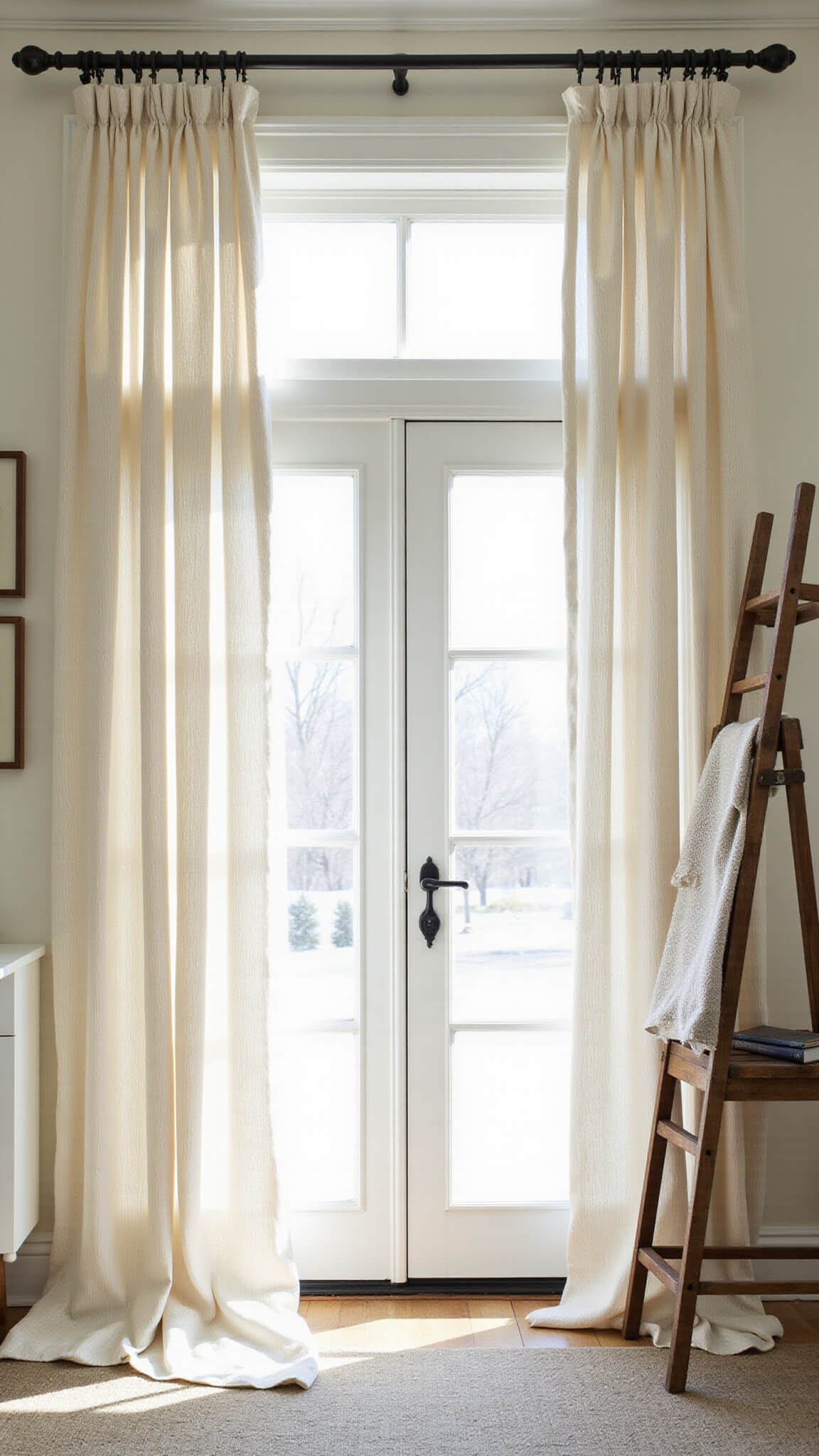 Low-angle view of tall off-white striped curtains on custom iron rods across 12ft ceiling windows, glowing with late morning light; vintage ladder with fabric samples nearby.