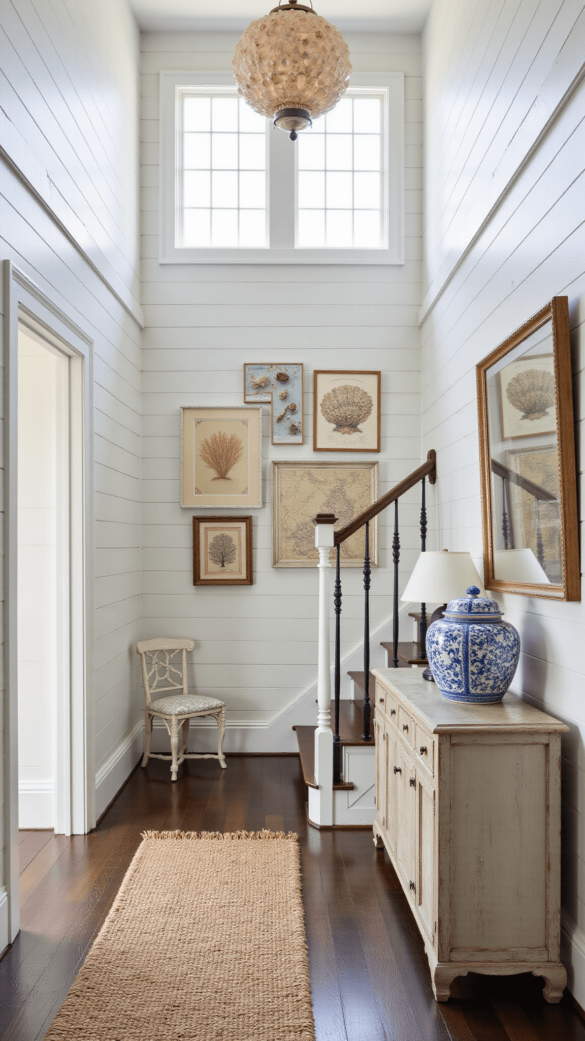 Entry foyer with statement staircase, coastal gallery wall of vintage maps and coral on white board and batten walls, sisal stair runner, ginger jar on weathered console, and capiz shell chandelier under bright midday light.