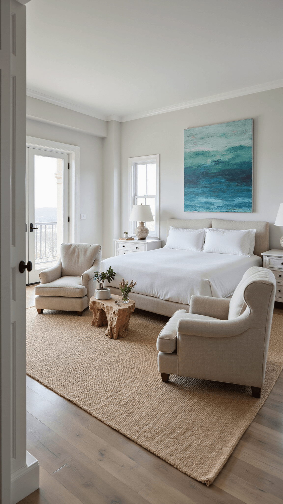 Master suite at dawn with king bed, ocean artwork, sitting area, and French doors opening to misty balcony.