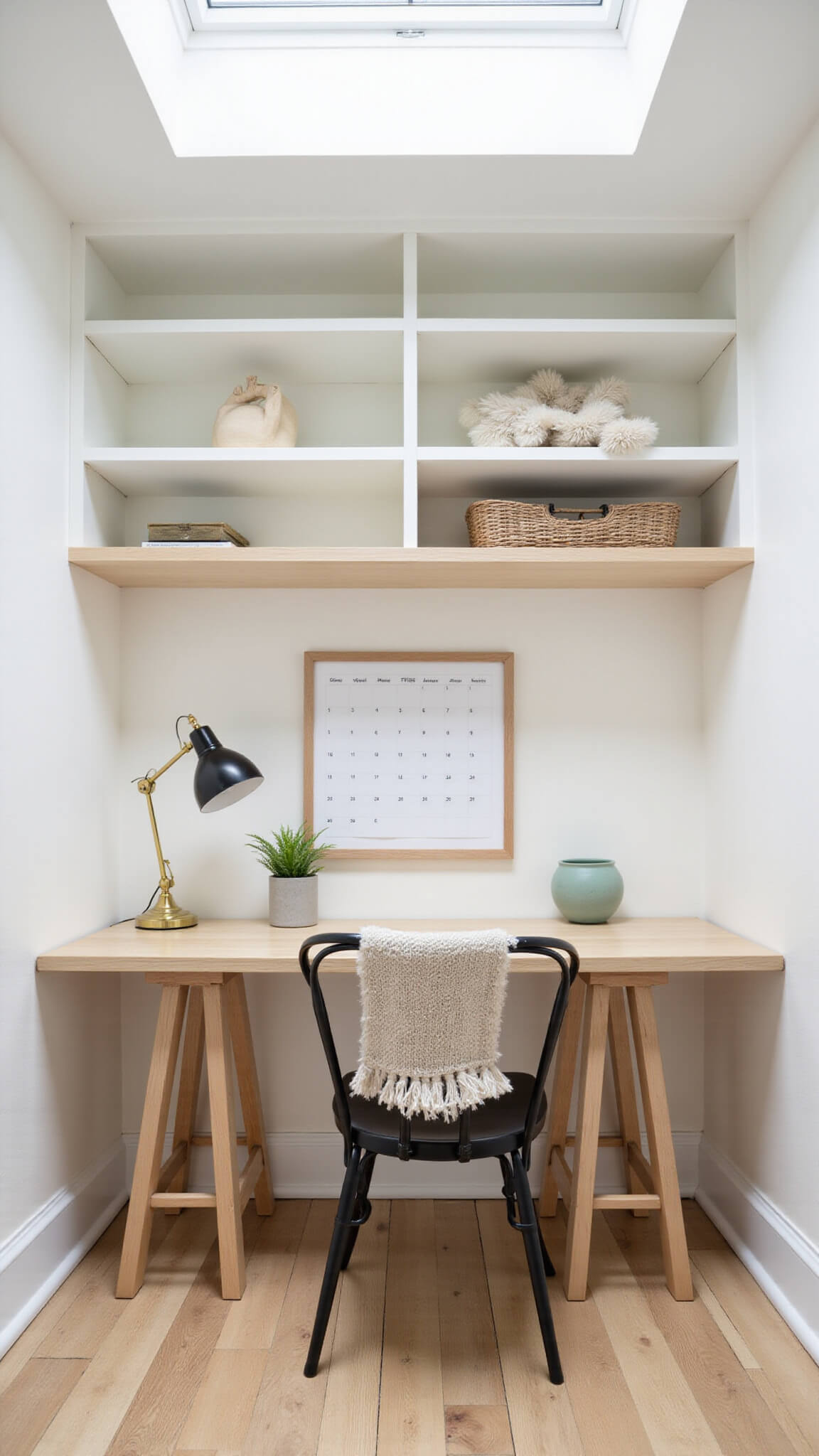 Scandinavian-style compact home office nook with built-in white shelves, oak trestle desk, skylight lighting, and black chair with wool cushion.