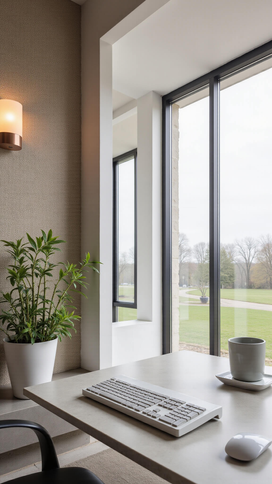 Modern 14x16ft home office with floor-to-ceiling windows, floating concrete desk with integrated bamboo planter, pale gray wireless keyboard and mouse, copper task light, and warm greige grasscloth wallpaper on an overcast day.