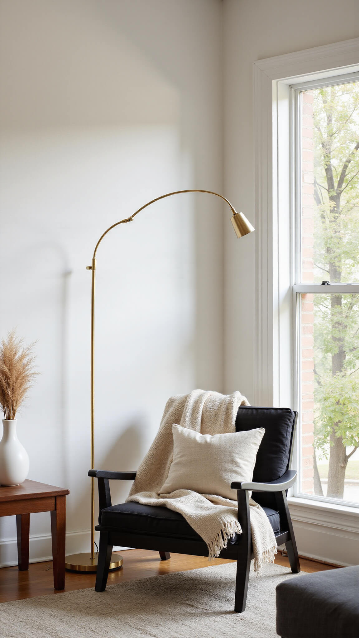 Japandi-style black oak armchair with linen throw and ivory cushion in sunlit corner beside floor-to-ceiling windows, brass lamp overhead, walnut side table with pampas vase, and Japanese maple visible outside.