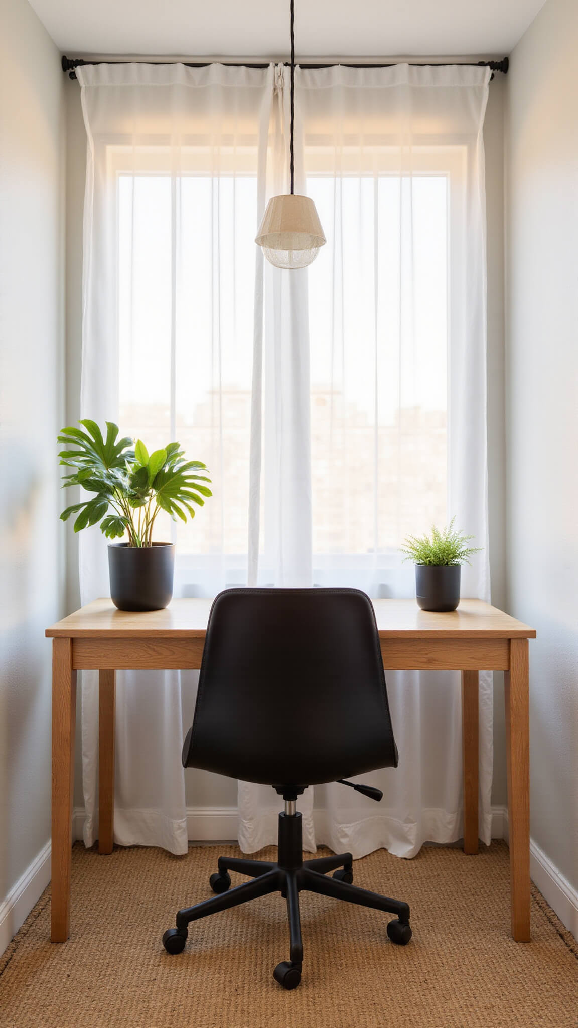 Minimalist home office nook with Japandi black leather chair, light oak desk, and rice paper pendant light, bathed in golden hour glow.