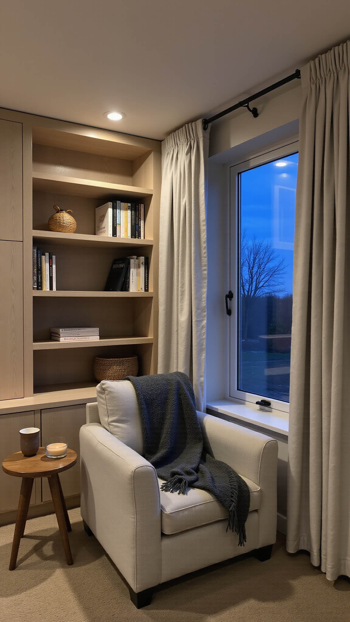 Cozy Japandi reading nook with gray lounge chair, white oak bookshelves, beeswax candle, and twilight through linen curtains.
