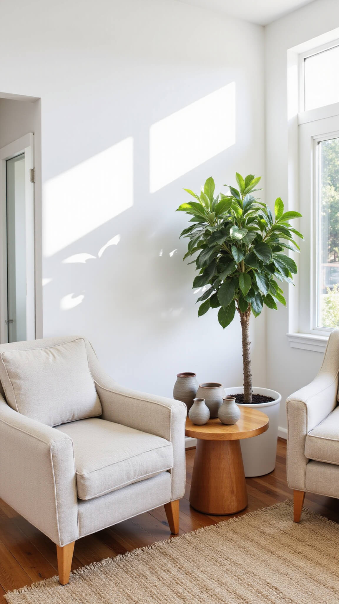 Open-concept living room with two angled oatmeal Japandi chairs, round teak side table with ceramic vessels, sisal rug, and fiddle leaf fig in white planter under skylight shadows.