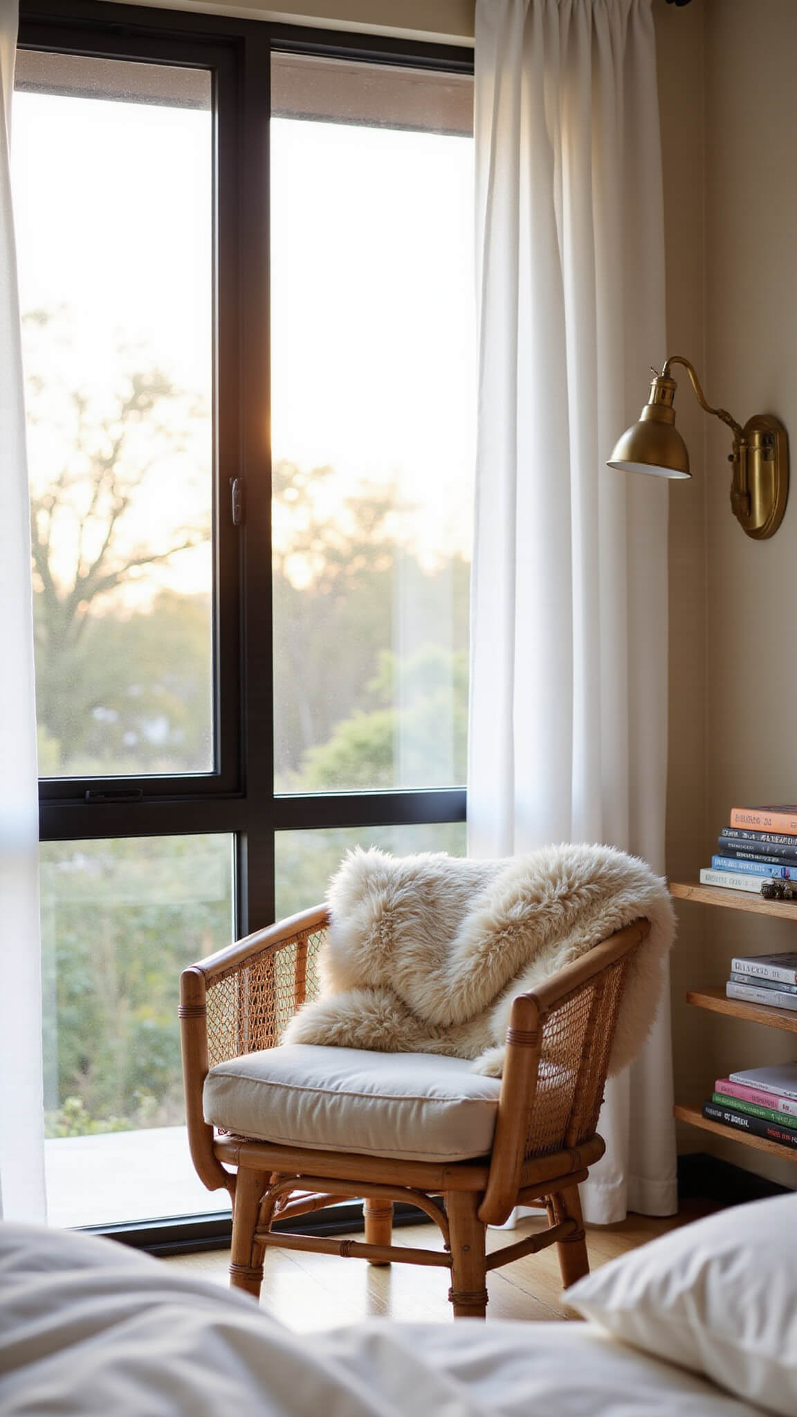Japandi-style bedroom nook with rattan chair, beige sheepskin, brass lamp, and morning light filtering through sheer curtains.