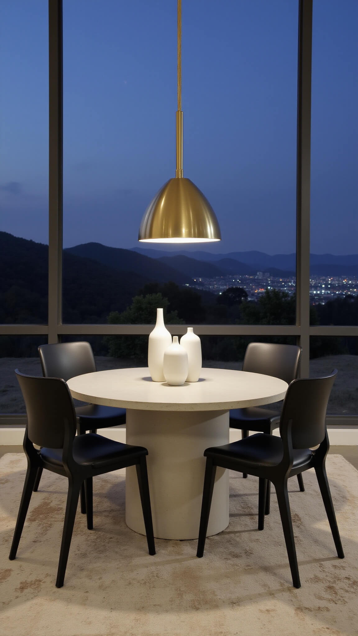 Modern Japandi dining space with black oak chairs, concrete table, white ceramic vases centerpiece, brass pendant light, and vintage rug during blue hour.