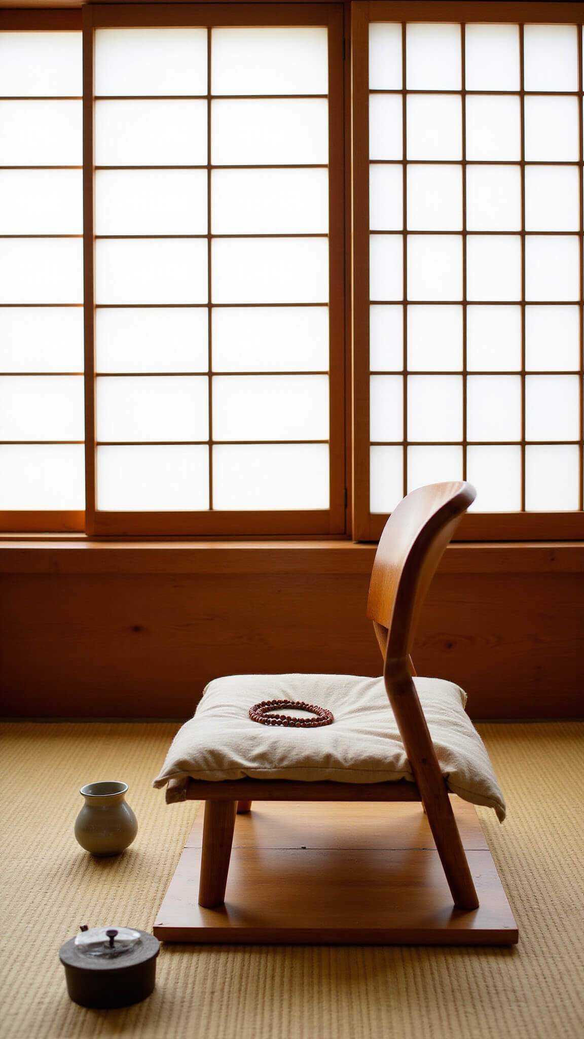 Low-angle view of a serene 10x12ft meditation corner at dawn with a bamboo Japandi floor chair on a raised platform, linen cushion, prayer beads, ceramic incense holder, and misty light filtering through a shoji screen.
