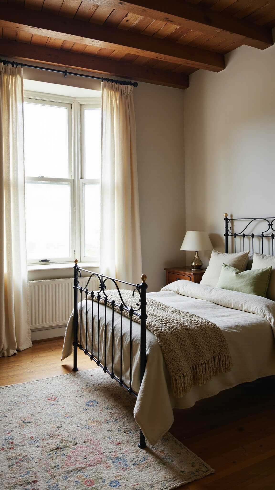 Cozy sunlit bedroom with exposed beams, vintage iron bed, and layered linens in warm tones, illuminated by morning light through sheer curtains.