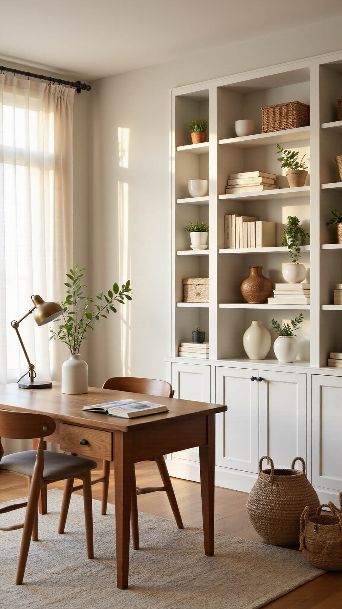 Serene home office with white built-in bookshelves, oak desk, and soft golden hour light filtering through linen curtains.
