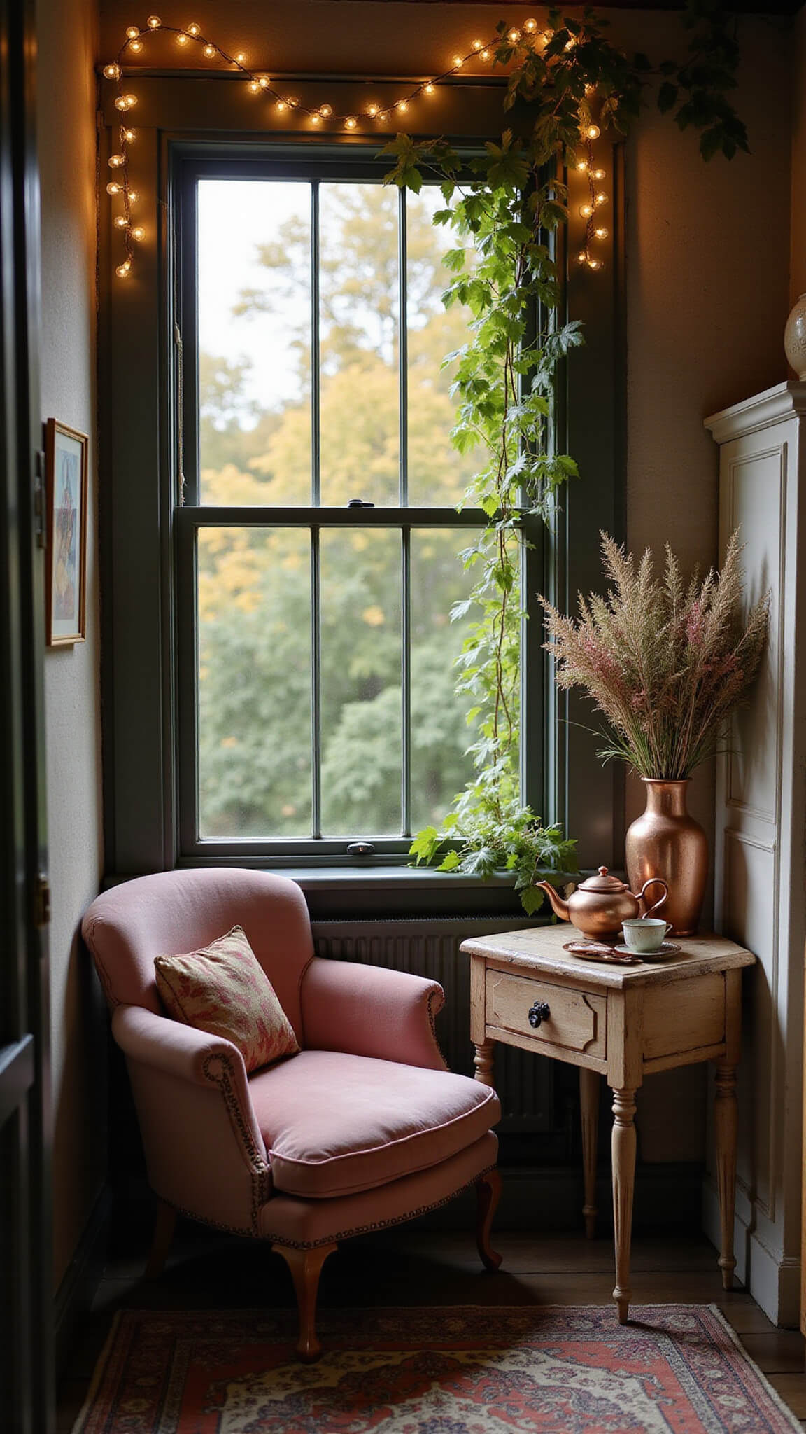 Cozy reading nook in a window alcove with a dusty rose armchair, copper tea set on wooden table, fairy lights, and golden light filtering through ivy.