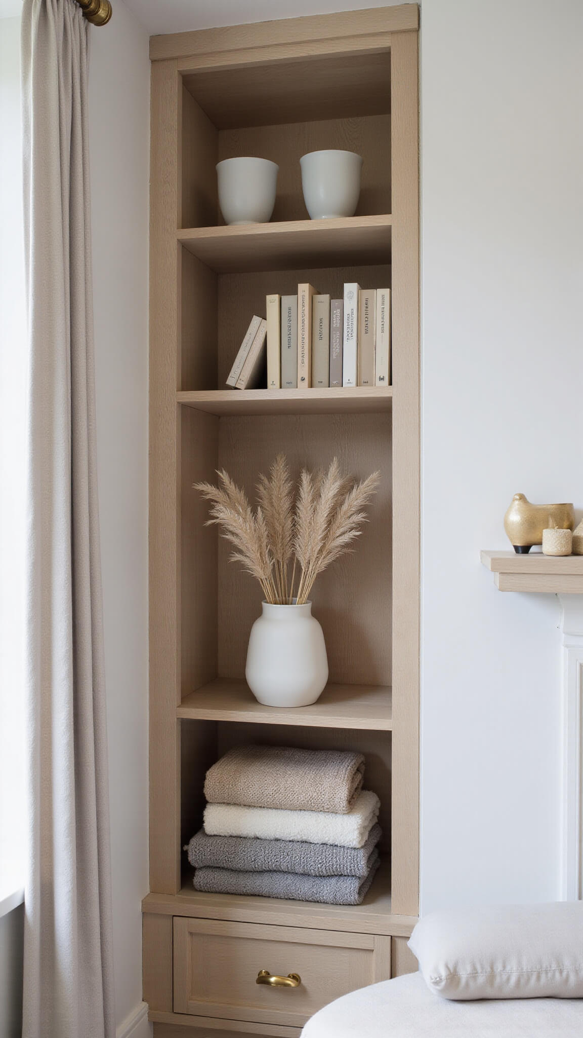 Minimalist corner bookshelf vignette with white oak floating shelves holding neutral-toned books, a white ceramic vase with pampas grass, and soft morning light highlighting brass, wool, and frosted glass accents.