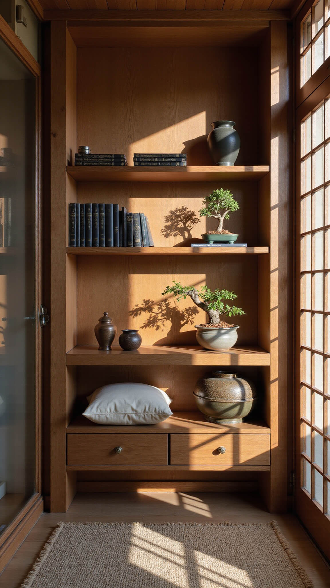 Japandi-style study nook with walnut shelving, bonsai trees, and vintage brass decor, lit by late afternoon sun through rice paper screens.