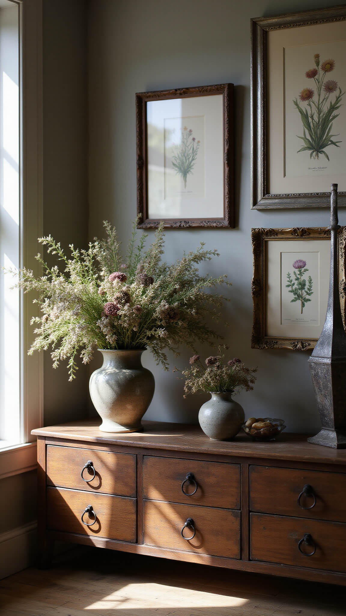 Close-up of rustic wooden dresser with wildflowers in vintage vases, tarnished silver frames, and botanical prints, lit by soft natural window light.