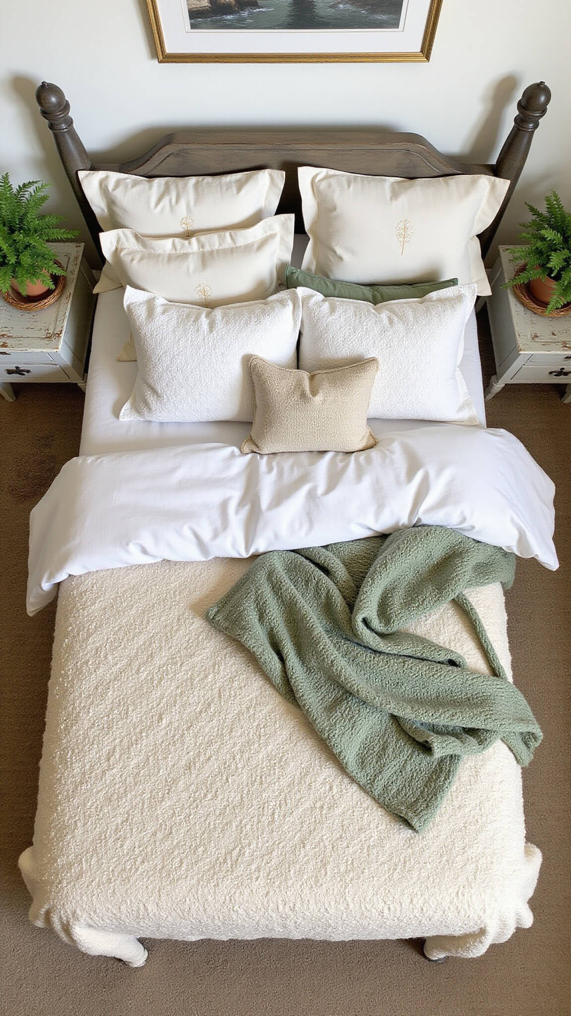 Overhead view of a styled bed with embroidered pillows, chunky knit throws, vintage sage green and cream quilt, wicker baskets, potted ferns, and wooden nightstands in soft natural light.
