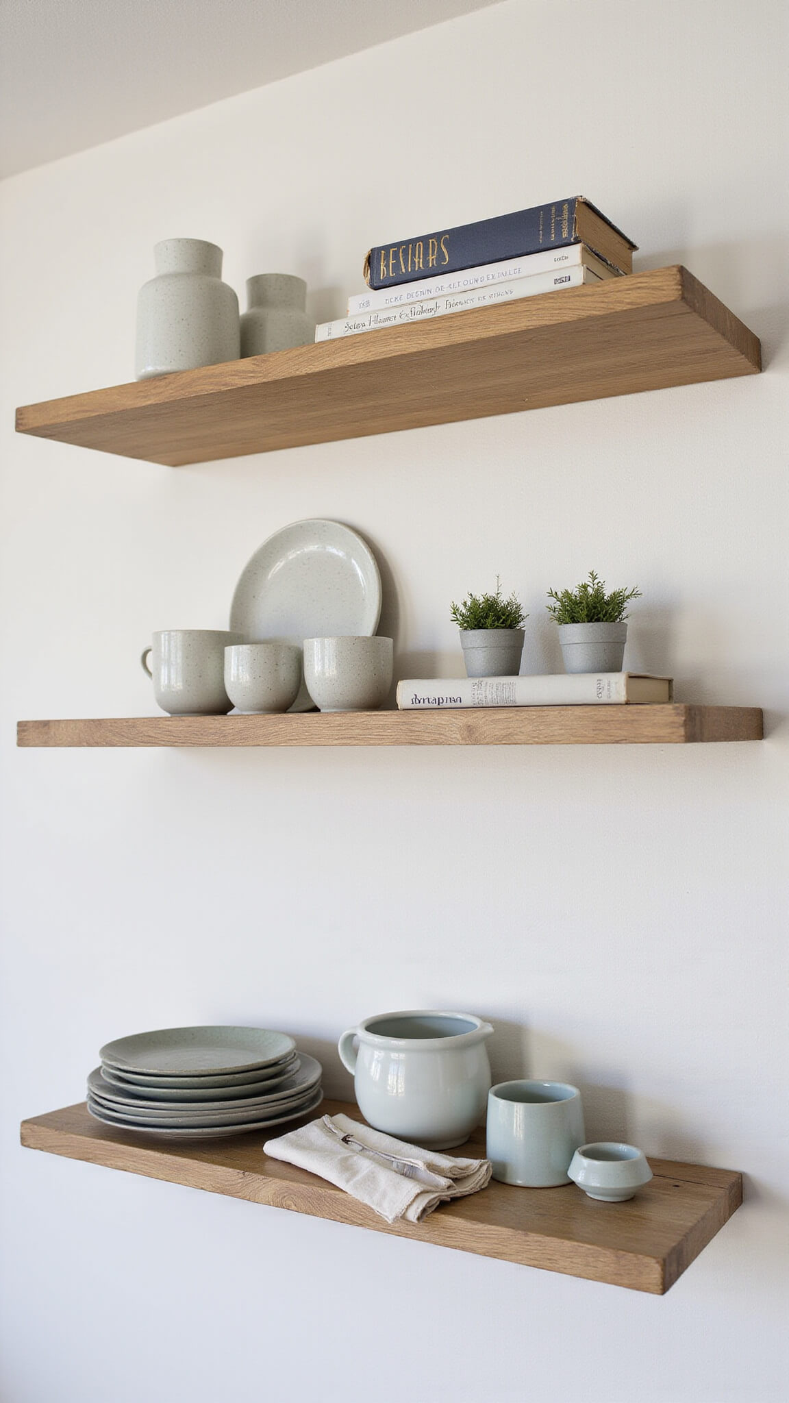 Open shelving in a modern kitchen at dawn with bleached oak shelves displaying handmade ceramics, vintage cookbooks, and potted herbs against a white plaster wall.