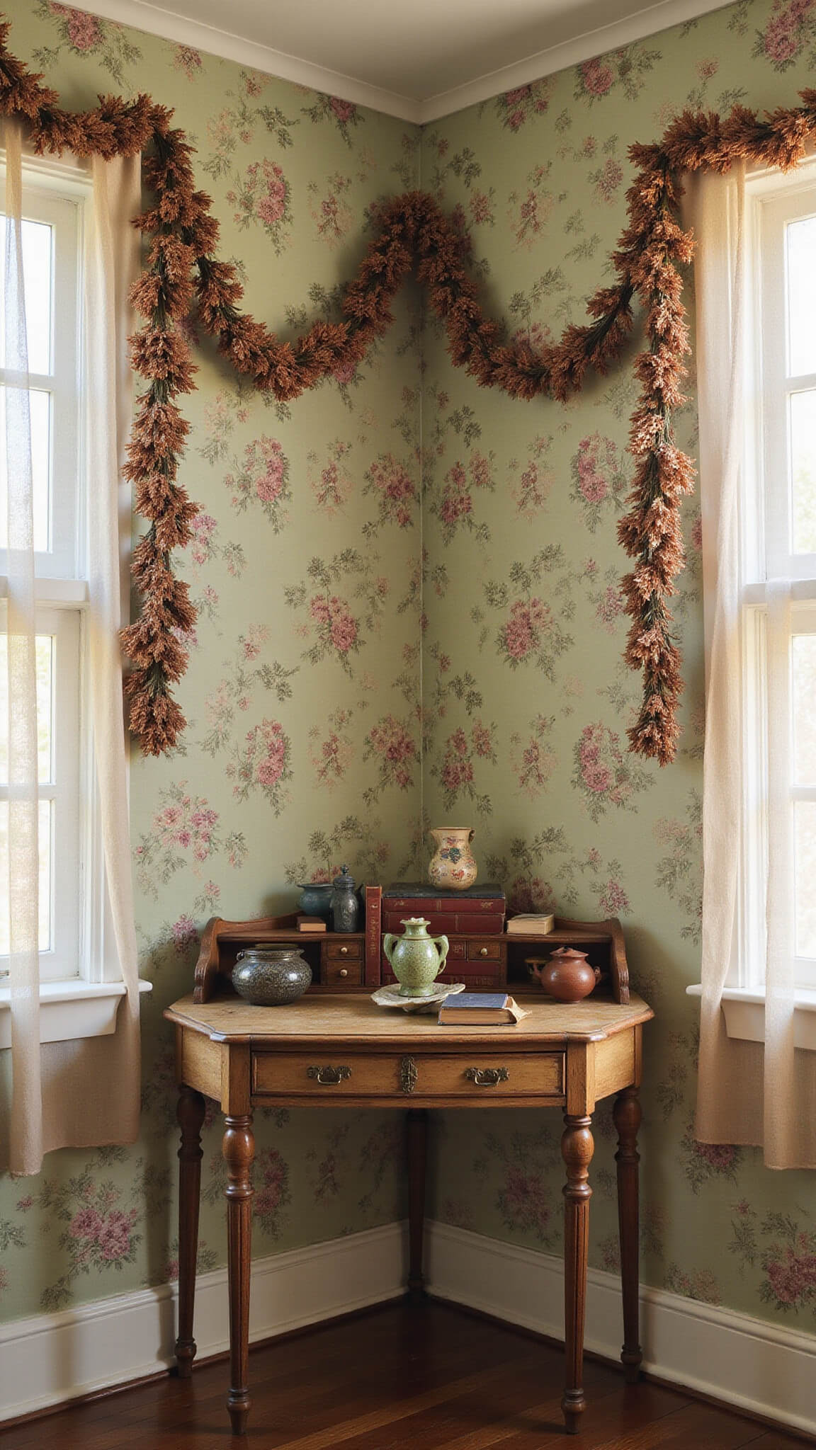 Handcrafted workspace with antique desk under floral wallpaper, dried flower garlands, vintage books, and pottery in golden hour lighting.