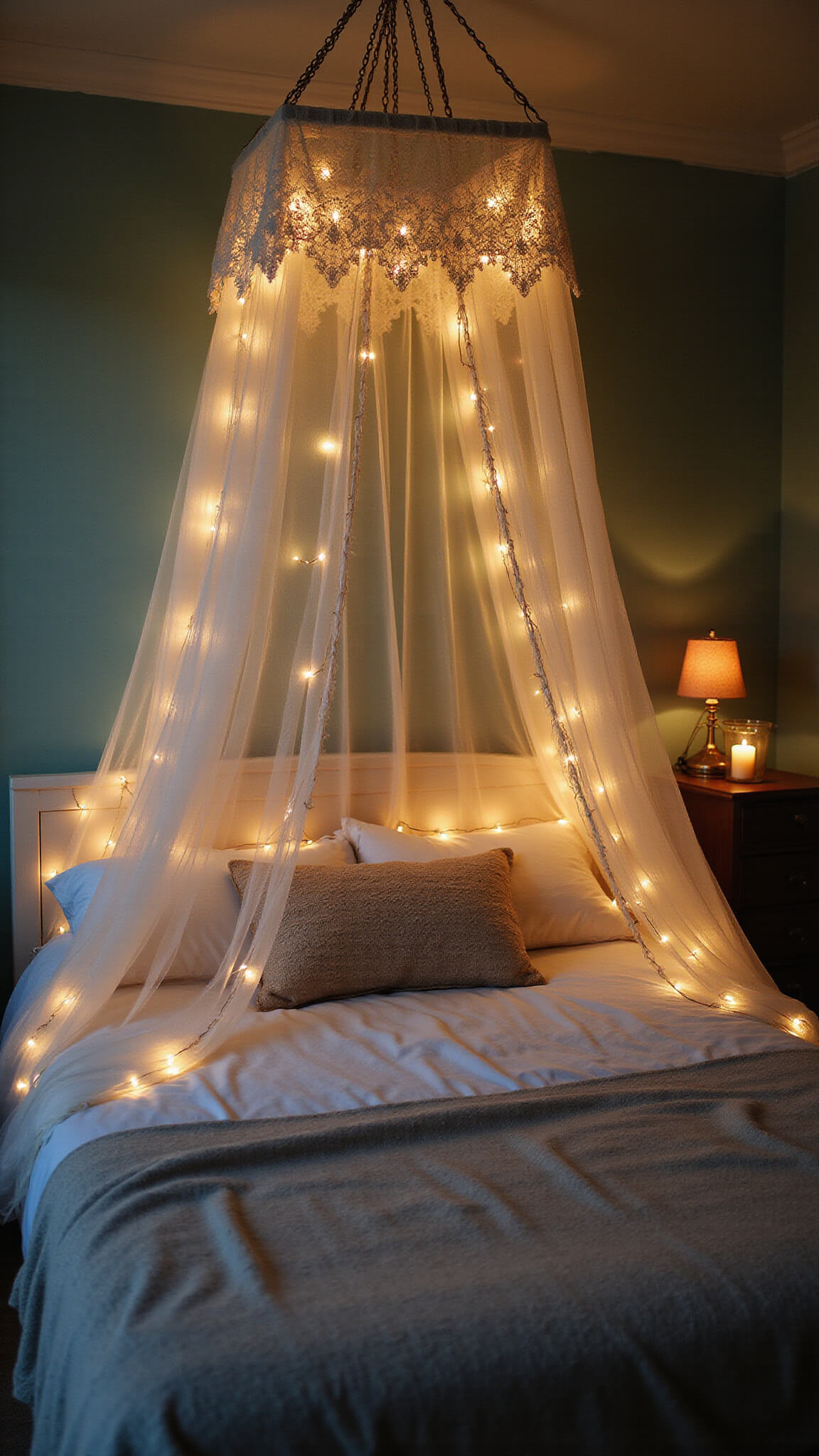 Cozy bed canopy with fairy lights and lace, candlelight casting shadows on sage green walls during blue hour with dreamy bokeh effects.