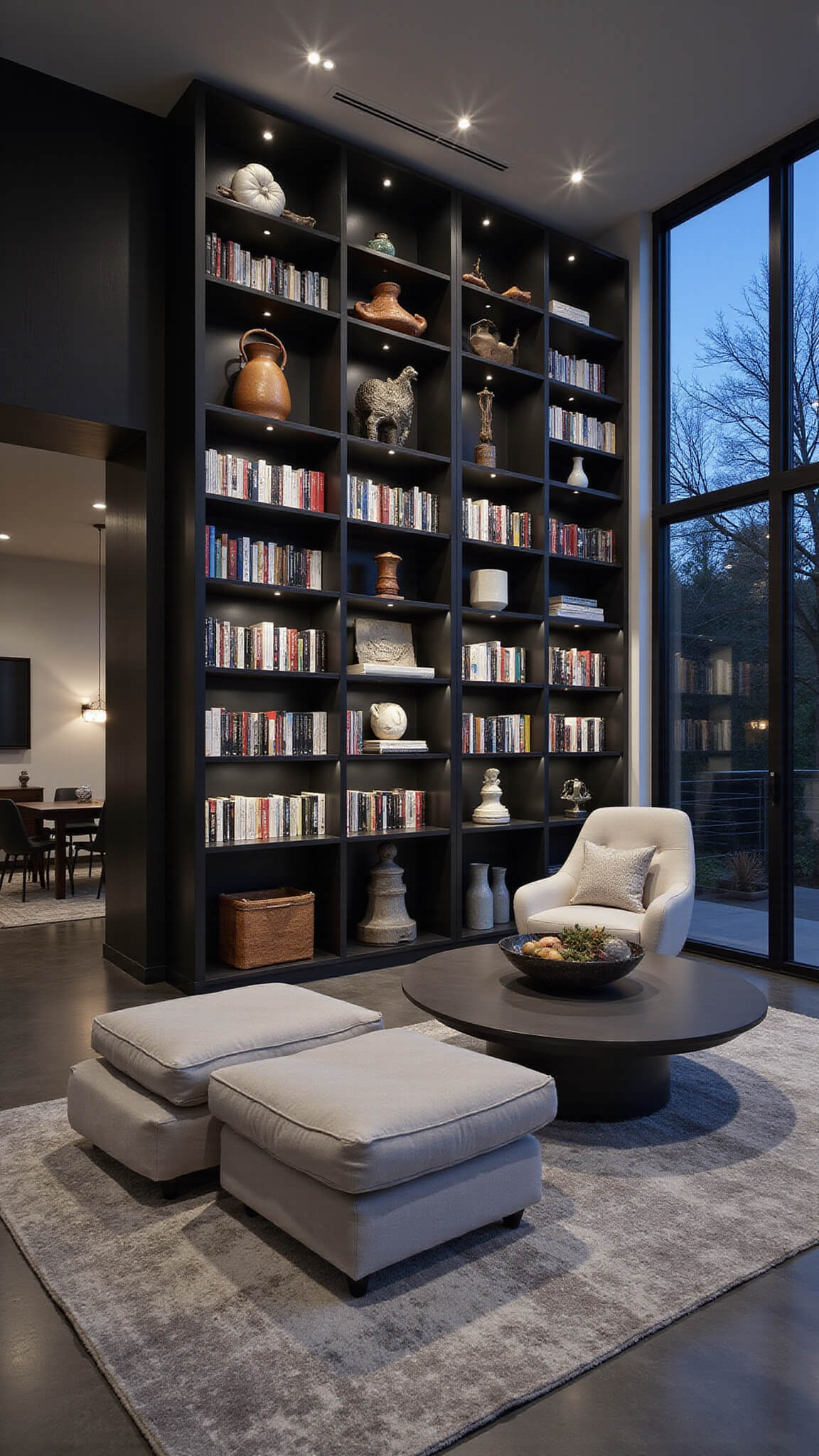 Double-height living room with matte black 16ft library wall, integrated ladder, and accent lighting, featuring books, ceramics, and architectural objects in a monochromatic, serene setting.