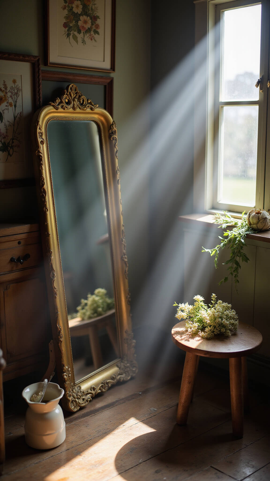 Rustic dressing area with morning light, brass-framed mirror reflecting vintage textiles and pressed flowers, wooden stool with personal items and wildflowers.