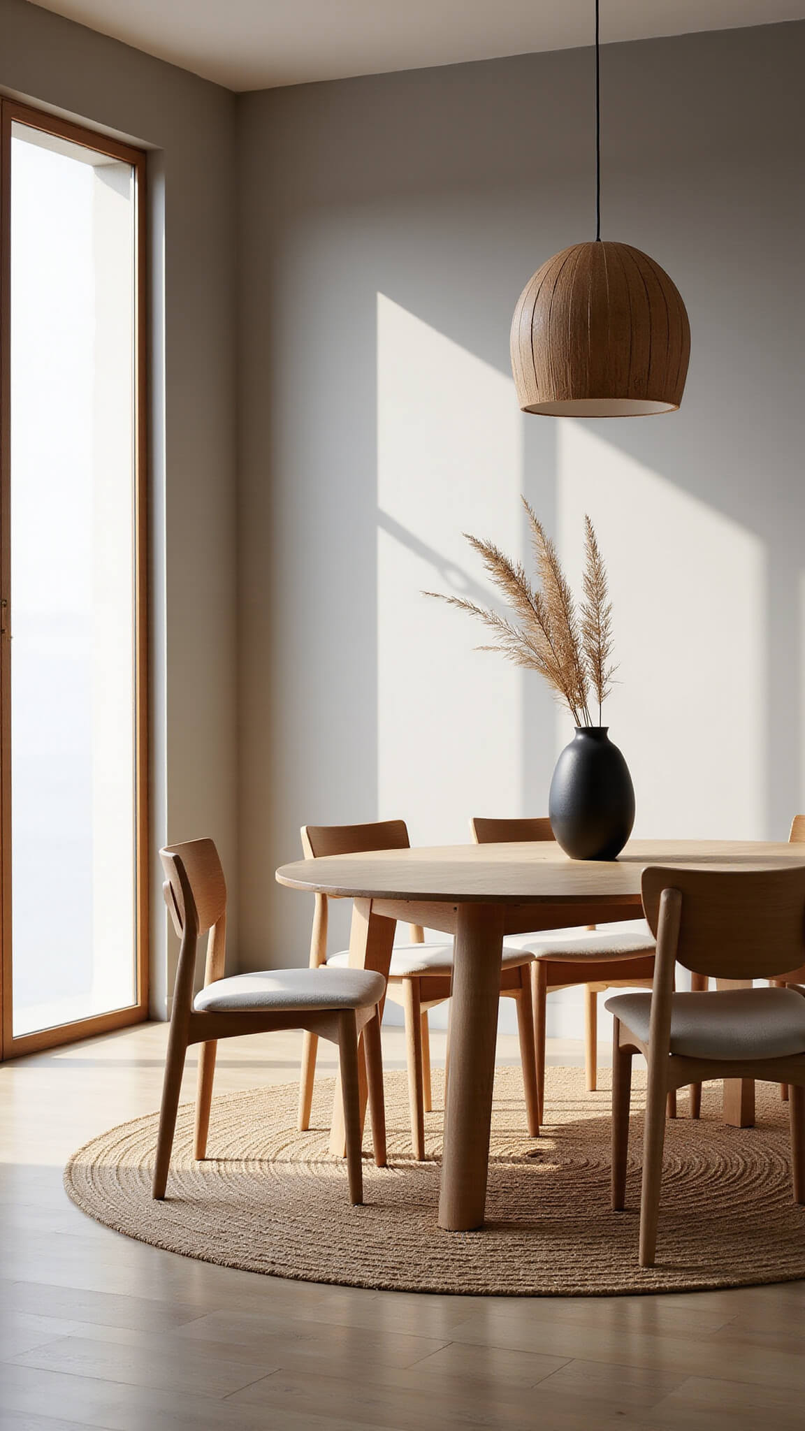 Minimalist Japandi dining room with oak table and ash chairs on sisal rug, bathed in soft morning light through shoji screens.