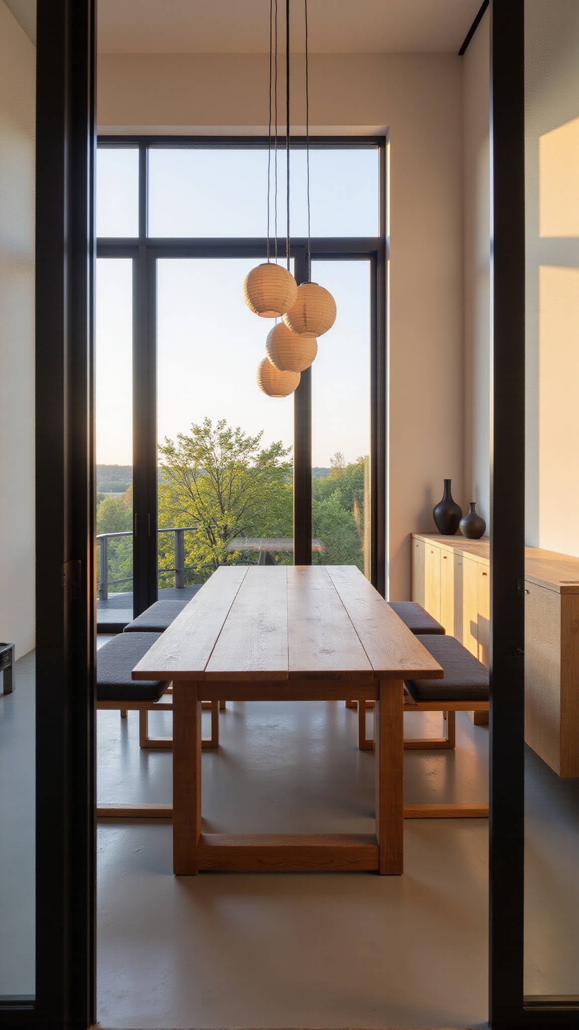 Japandi dining room with walnut table, charcoal benches, and tall black-framed window glowing at golden hour.
