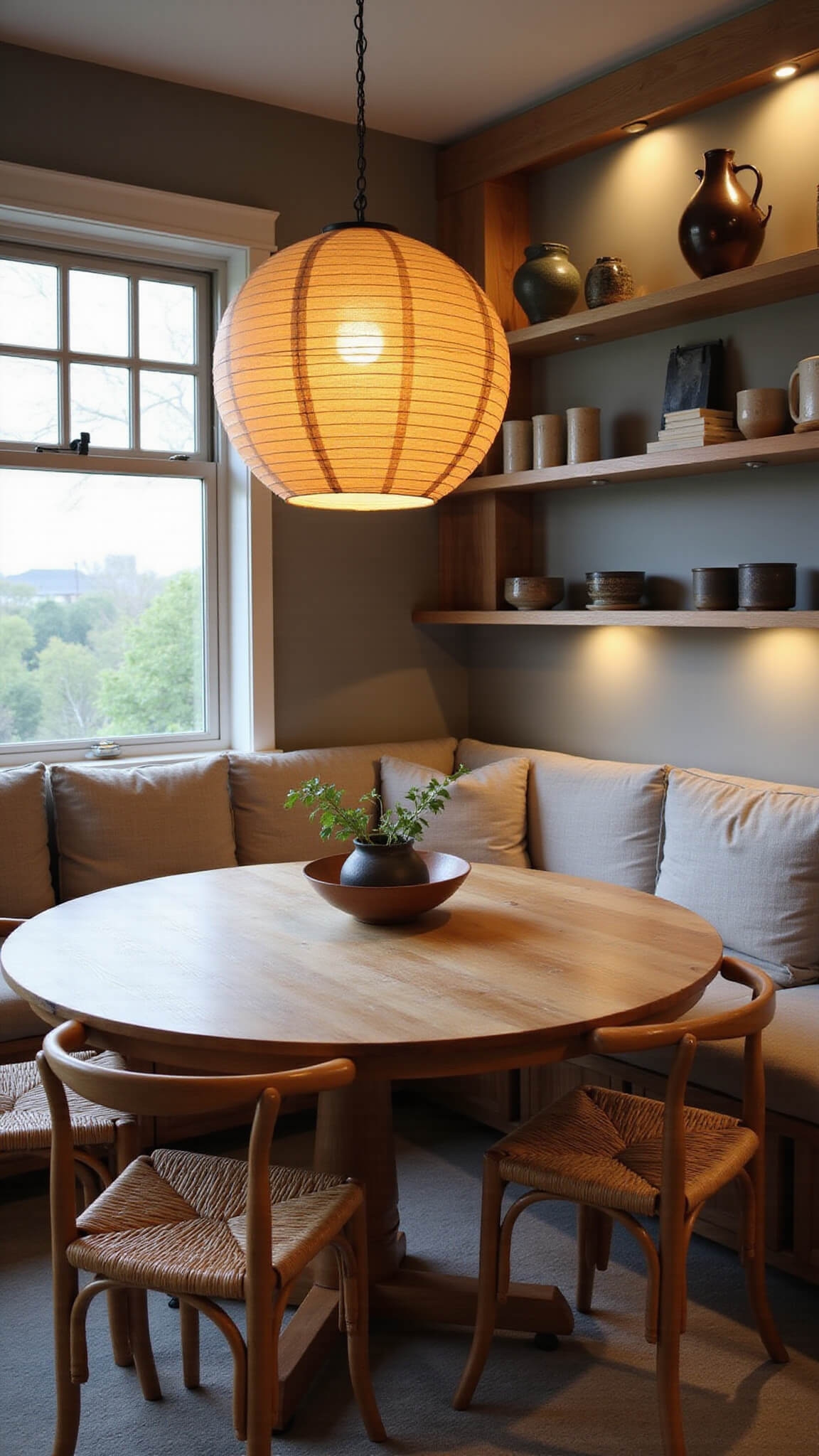Japandi-style dining nook with round oak table, rattan chairs, washi lantern, and built-in bench at dusk.