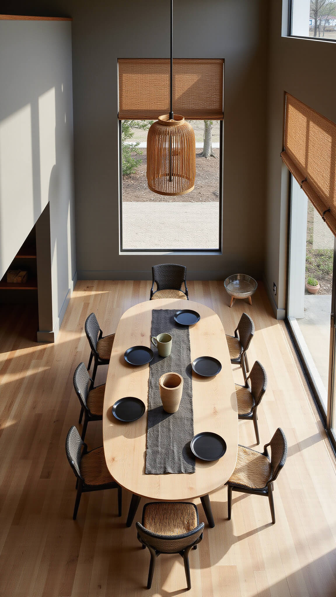 Bird's-eye view of a sunlit Japandi dining area with an oval maple table, black oak chairs, bamboo chandelier, and warm greige plastered walls.