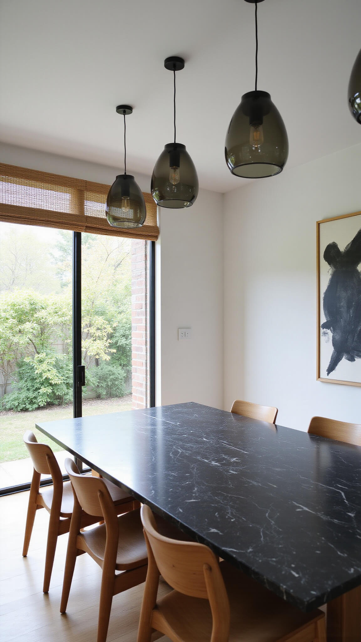 Japandi dining room with black marble table, teak chairs, bamboo blinds, and view of zen garden through glass doors.