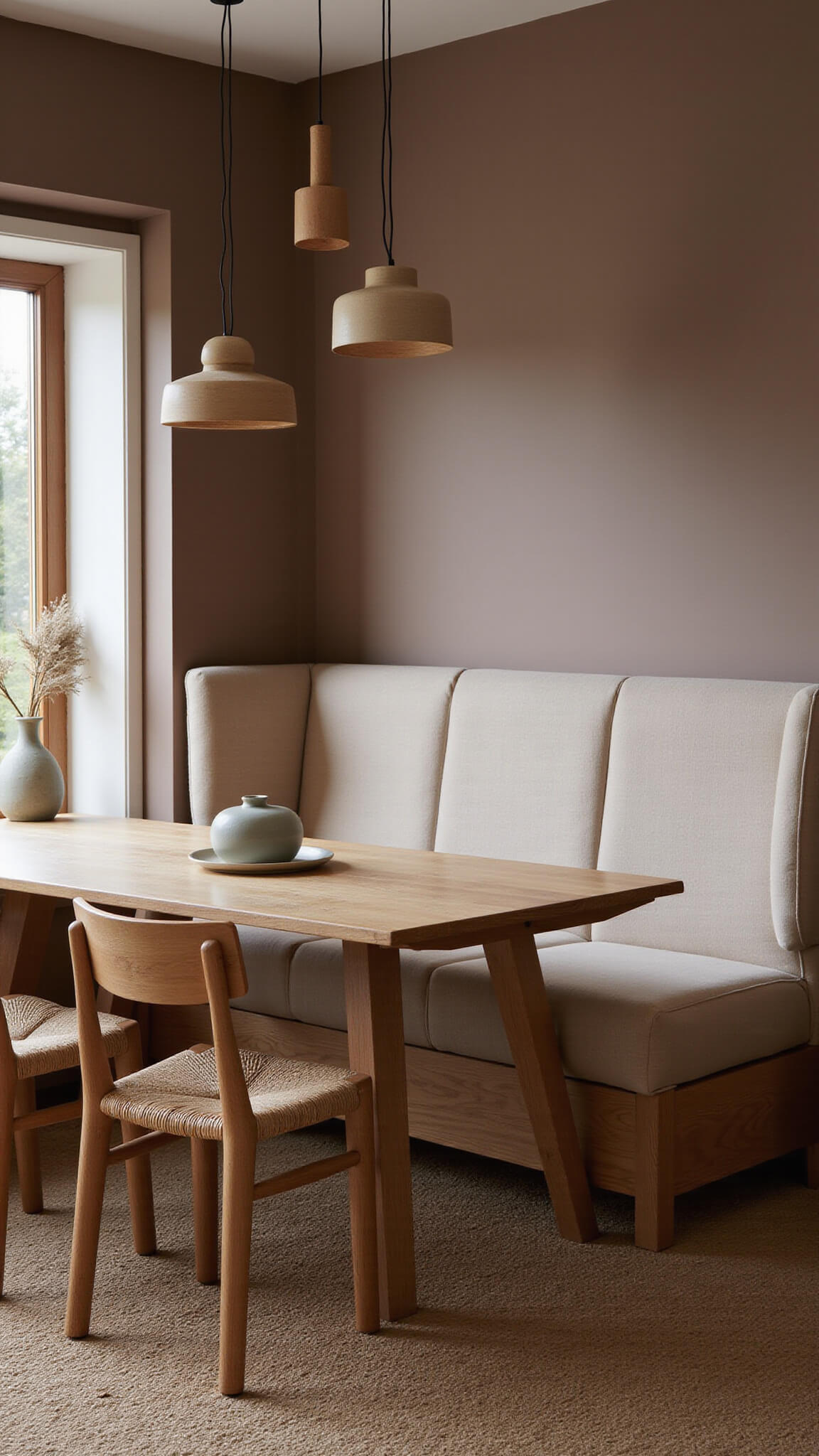 Cozy Japandi dining corner with oatmeal linen banquette, white oak table, Hans Wegner-style chairs, ceramic pendant lights, and warm mushroom walls at twilight.
