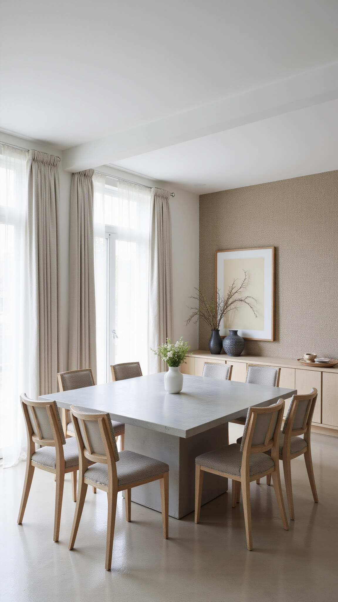 High-angle view of a Japandi-style dining room with a concrete table, curved ash wood chairs, diffused morning light through linen curtains, and minimalist decor including ceramics and ikebana on a floating oak credenza.