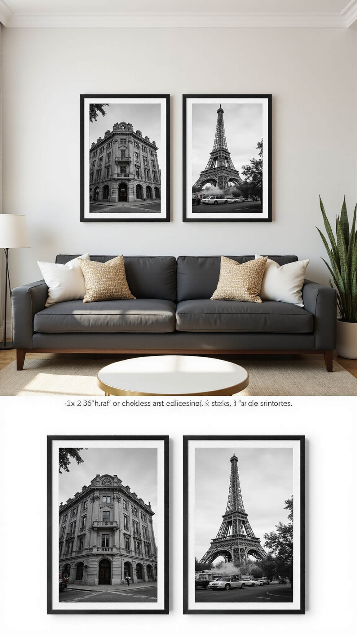 Symmetrical contemporary living room with two black and white architectural prints above a charcoal sofa on warm white walls.
