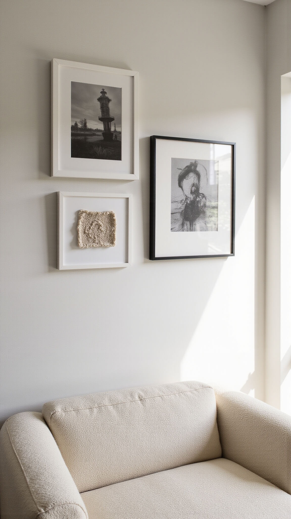 Cozy living room with cream bouclé sofa beneath three neutral-toned artworks—photo, painting, and textile—arranged in a triangular gallery wall, softly lit by evening light.