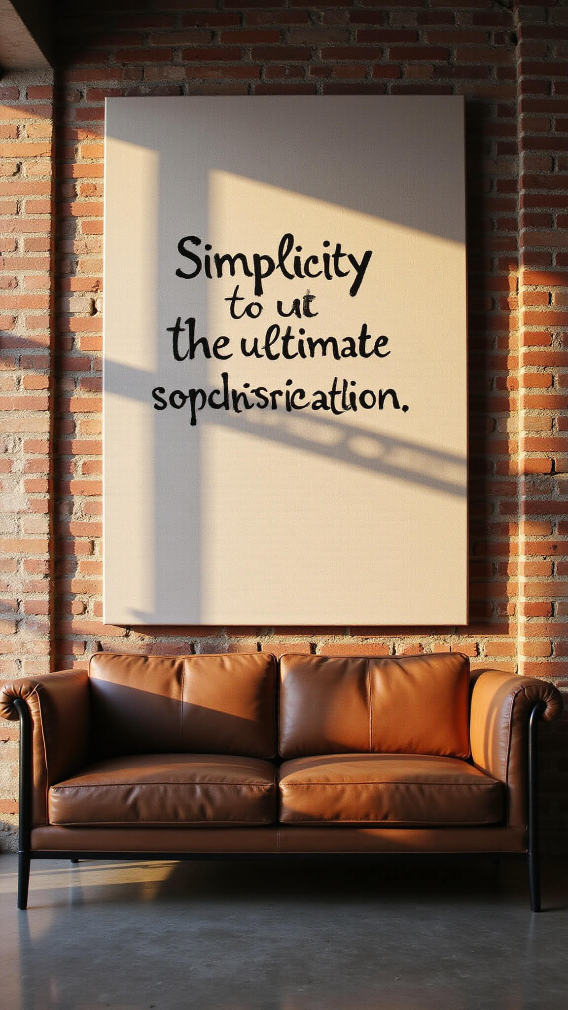 Loft-style living space with exposed brick wall, large black sans-serif quote on natural canvas above leather sofa, bathed in golden hour light.
