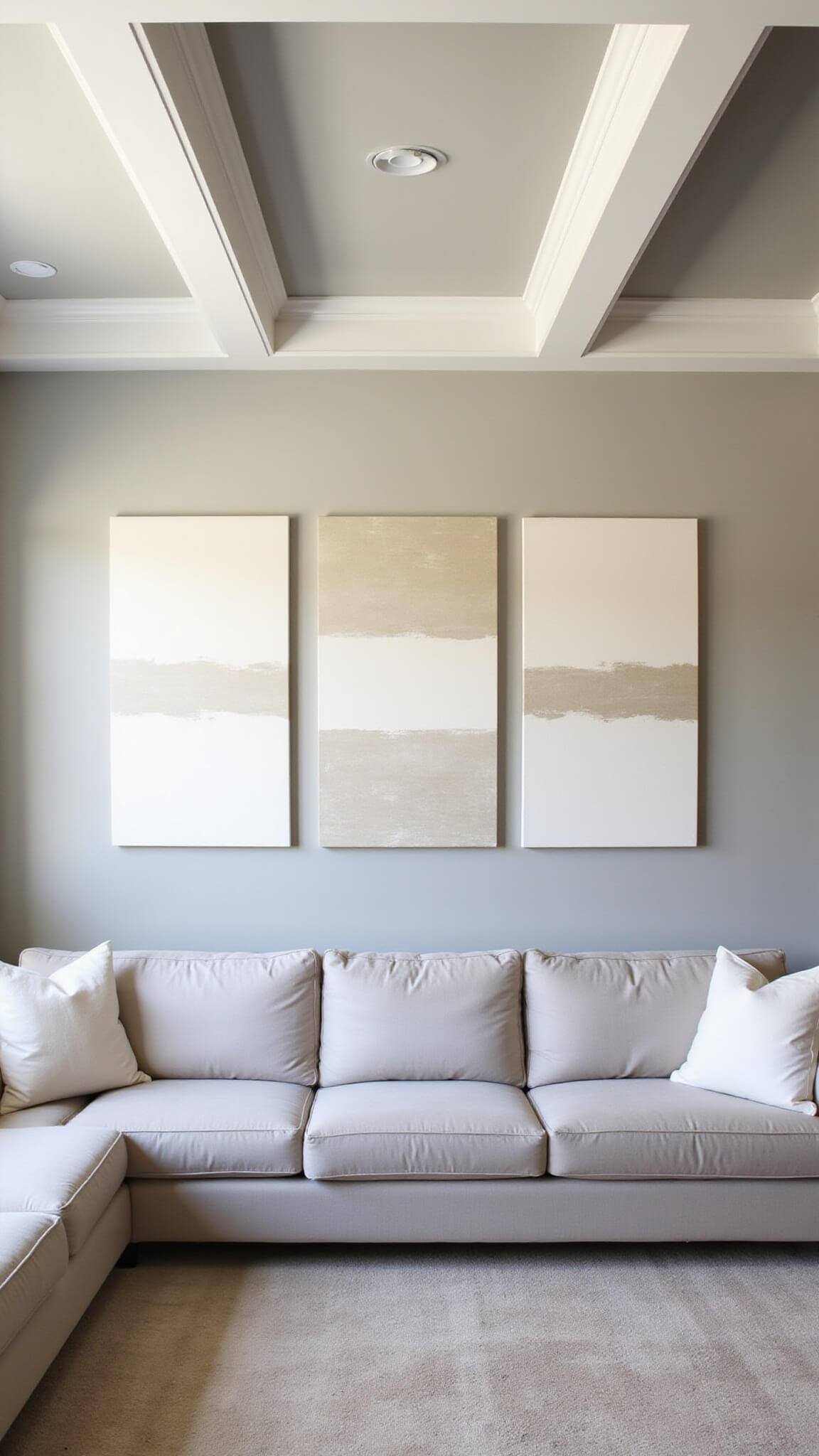 Transitional living room with coffered ceiling, asymmetrical monochromatic canvas art above neutral sectional, highlighted by natural and accent lighting.