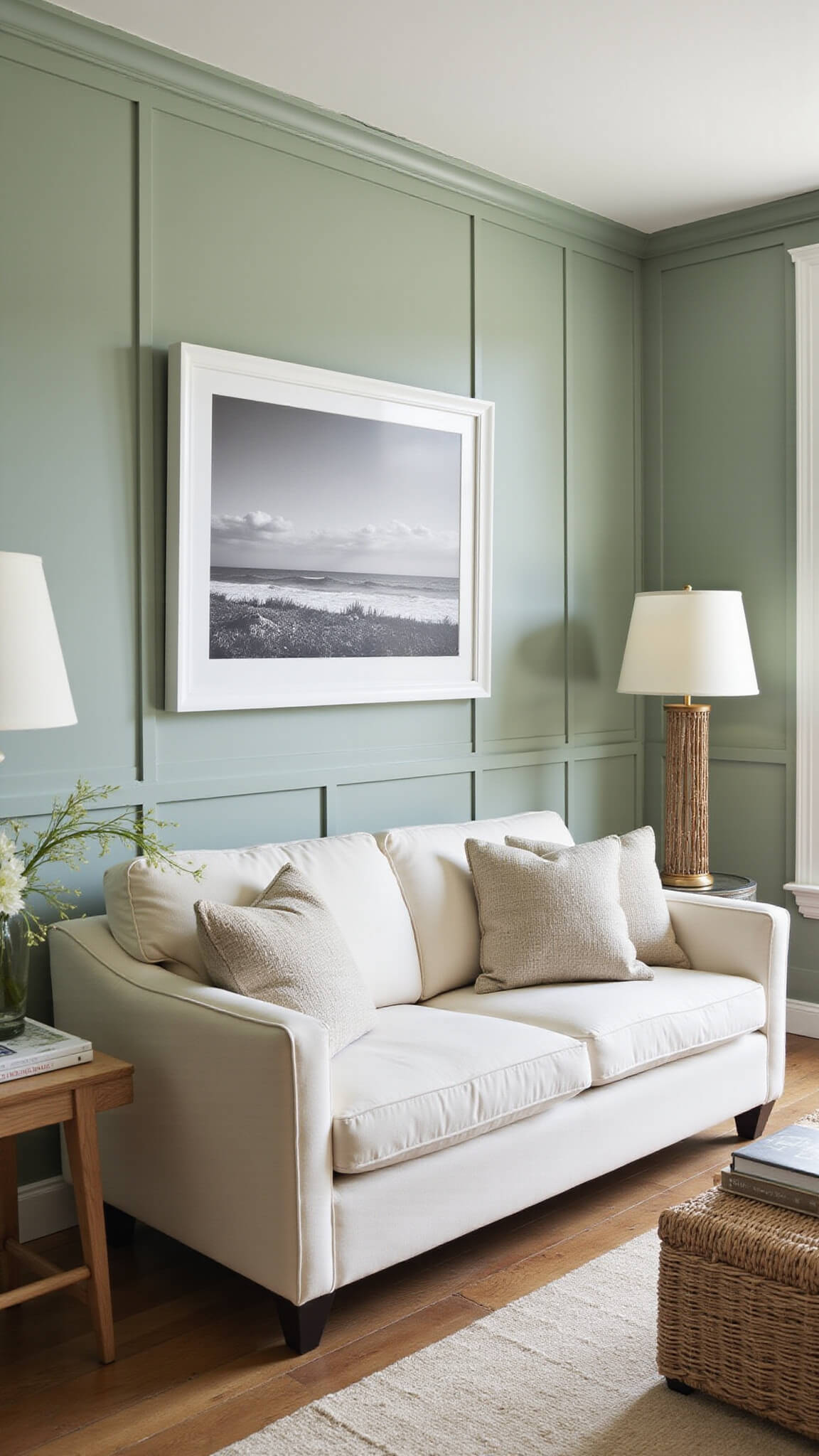 Coastal living room with sage green paneled walls, large black and white beach photo above ivory sofa, rattan accents, and soft natural light.