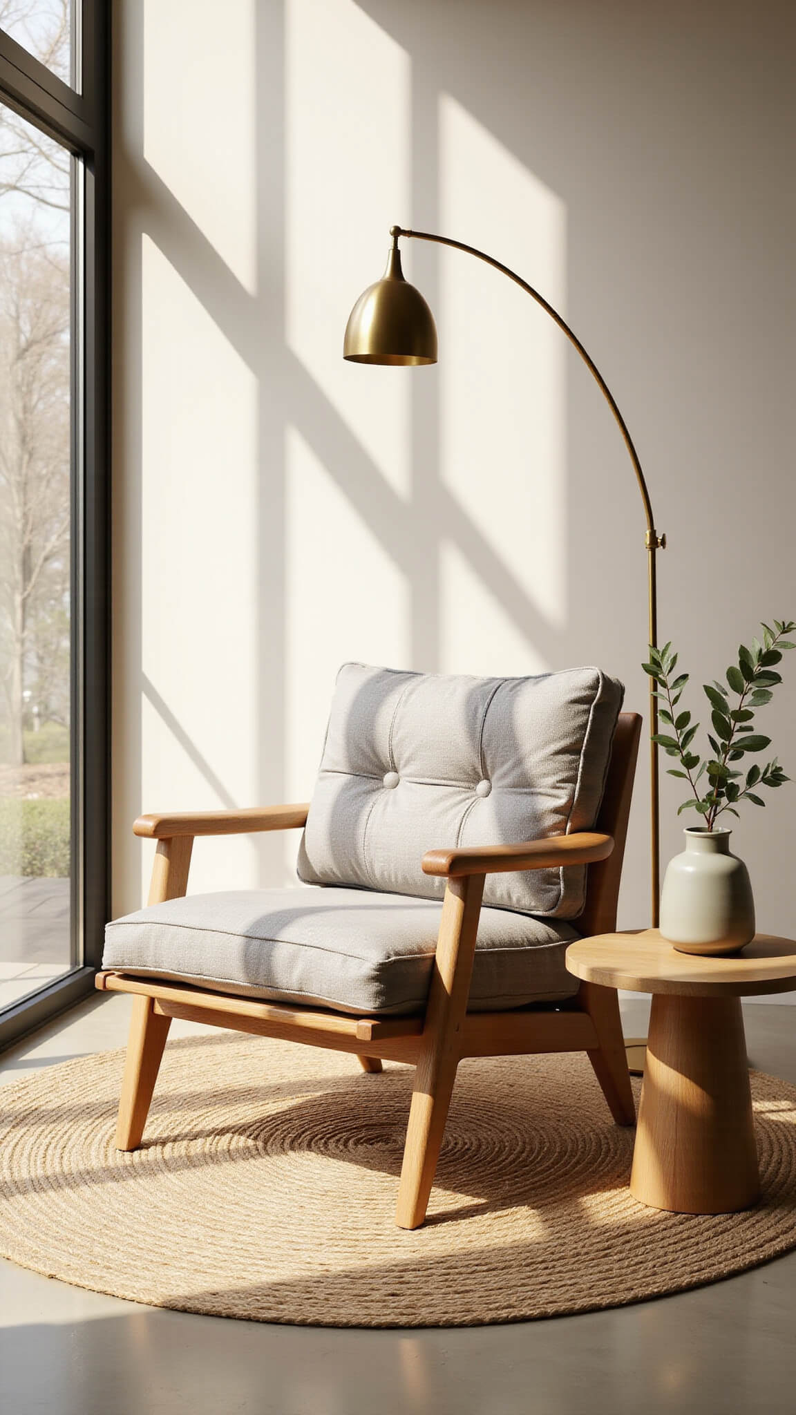 Minimalist living room corner with sculptural Japandi chair, brass floor lamp, jute rug, and ceramic vase, bathed in warm late afternoon sunlight.