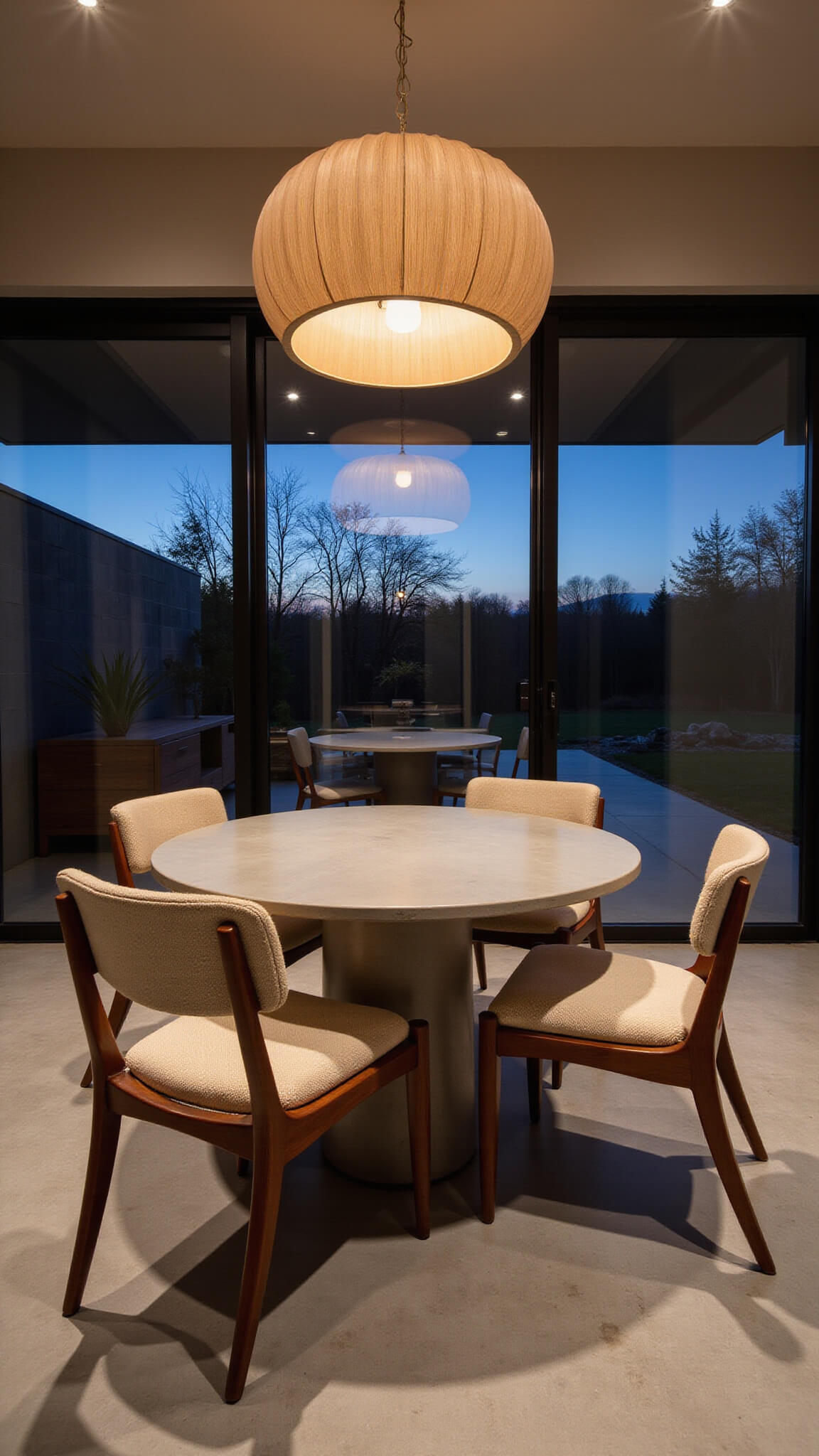 Japandi-style dining area with teak and cream bouclé chairs around a round concrete table, lit by an oversized paper pendant light, with sliding glass doors opening to a garden at dusk.