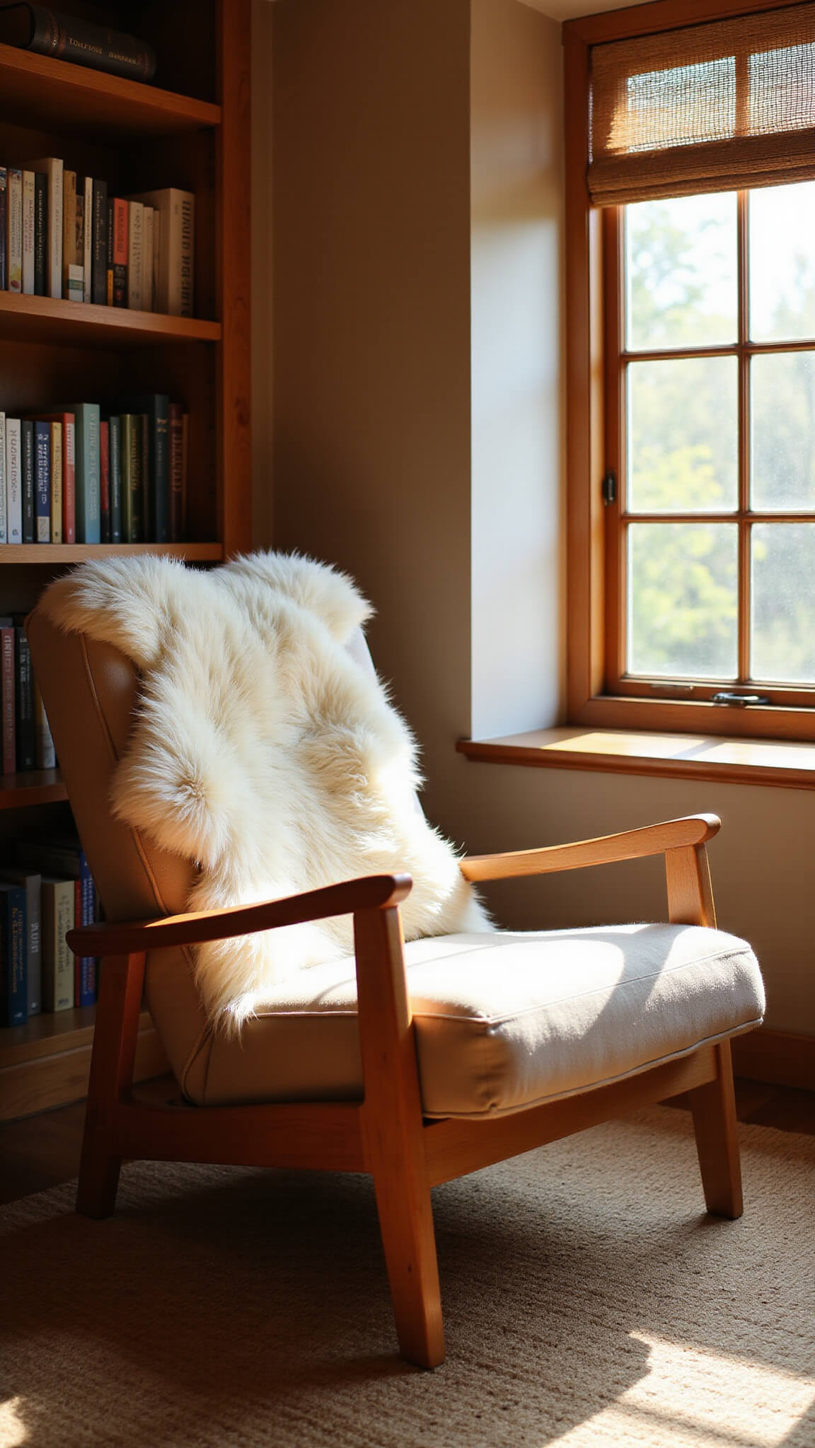 Cozy reading nook with Japandi lounge chair, ivory sheepskin throw, built-in bookshelf, and warm sunrise light filtering through bamboo blinds.