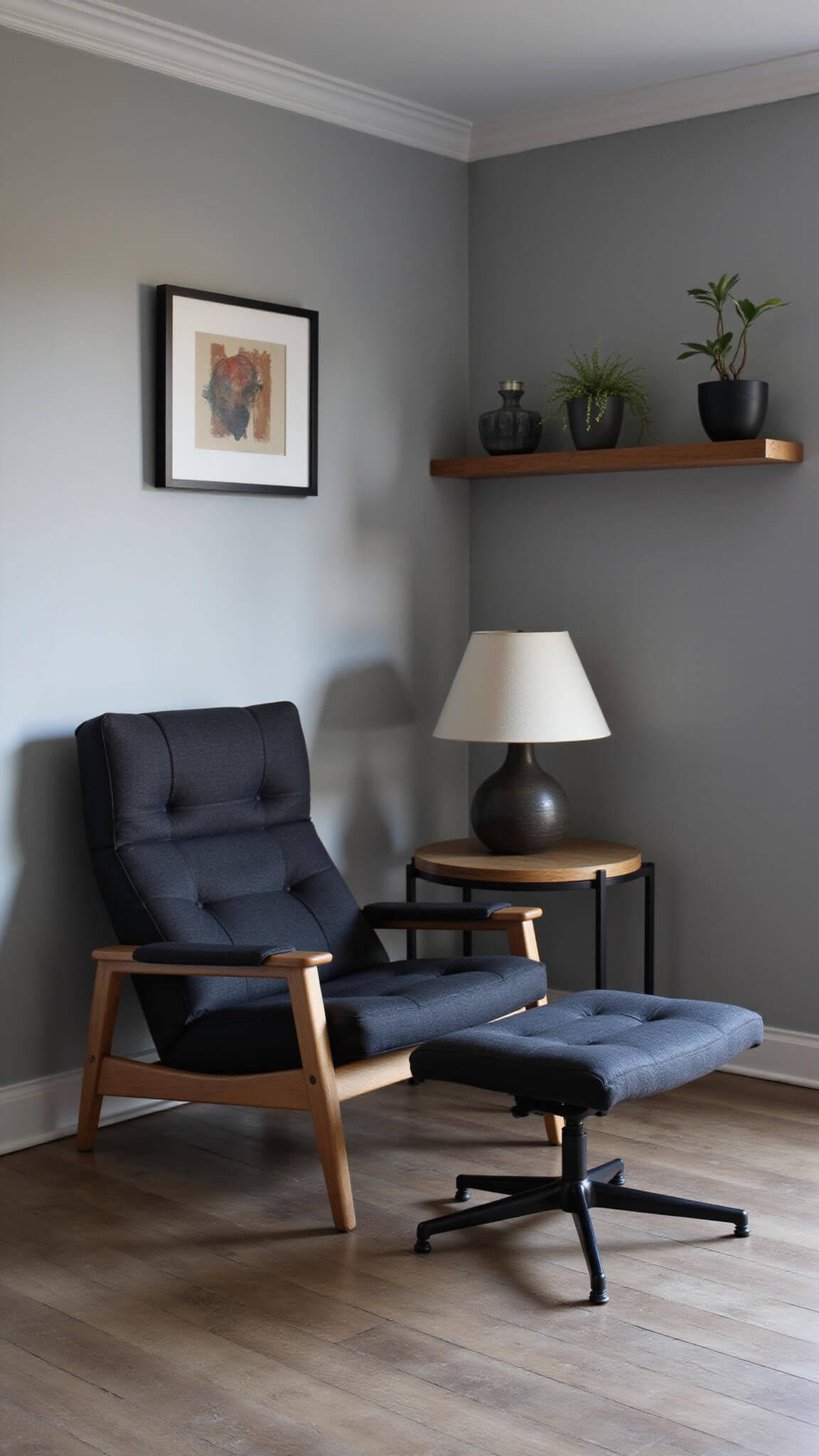Japandi-style bedroom corner at twilight with charcoal linen recliner, light grey walls, ceramic lamp, and floating wooden shelf.