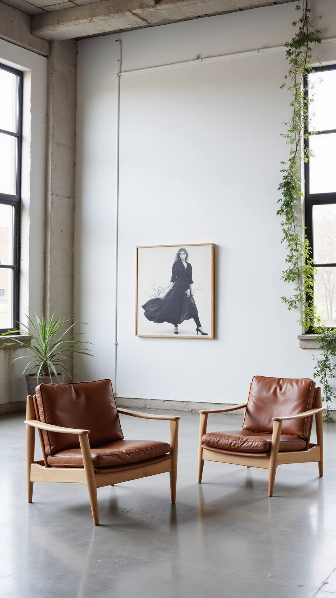 Elevated view of a contemporary 20x24ft loft with two cognac leather Japandi chairs on polished concrete, industrial windows, trailing plants, abstract black and white art, and natural midday lighting.