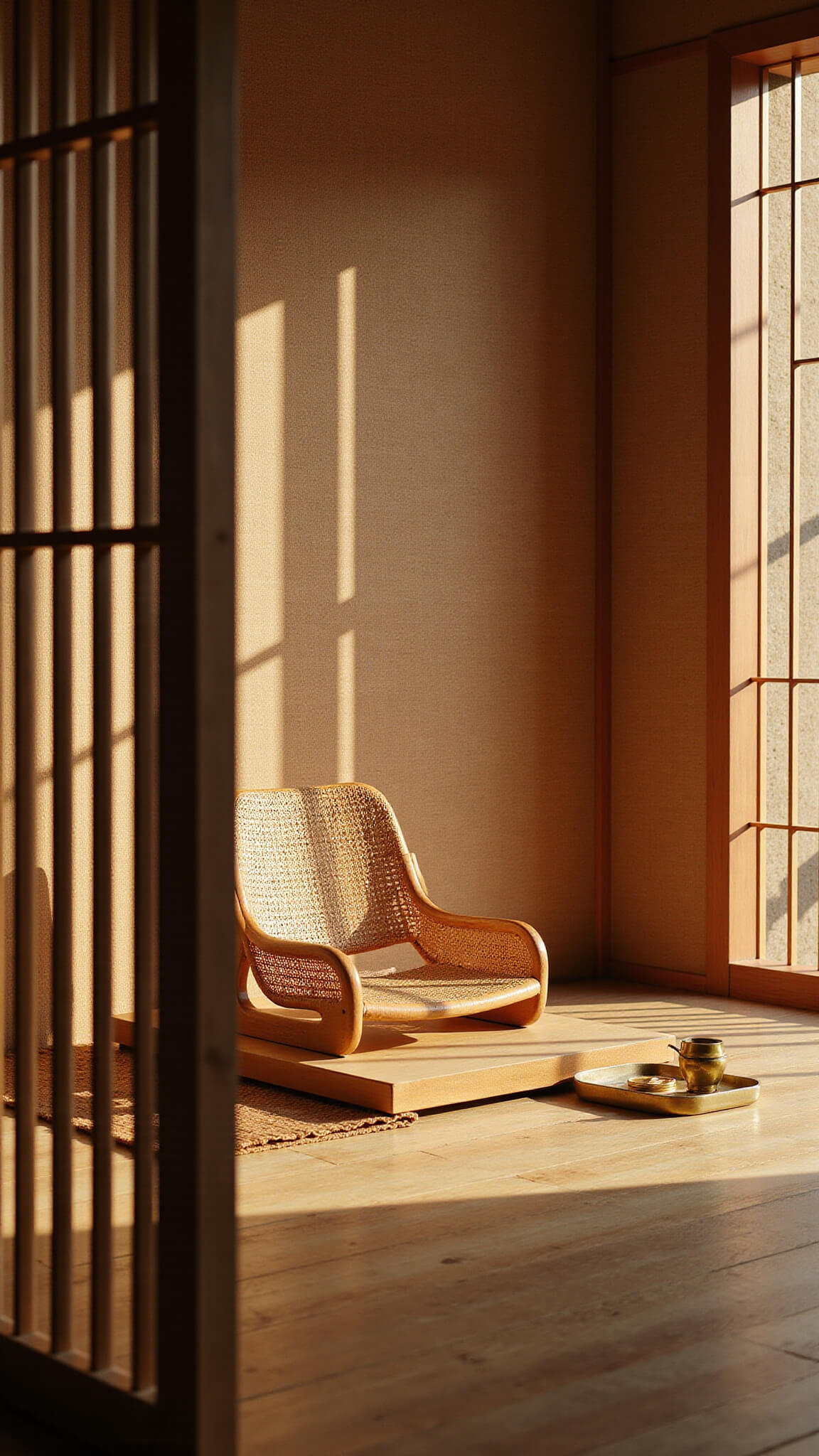Japandi meditation corner with rattan floor chair, bamboo mat, and morning light casting shadows through wooden slats.