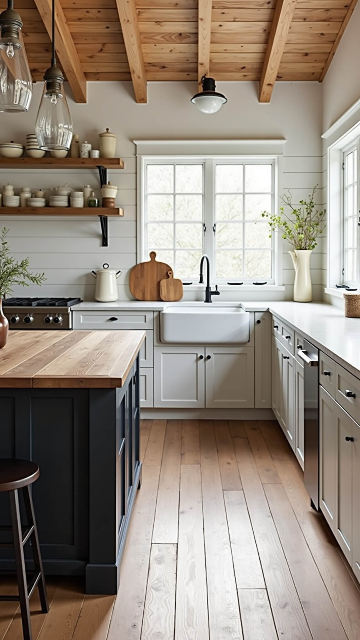 Sunlit modern farmhouse kitchen with exposed beams, wide oak flooring, central butcher block island, quartz countertops, apron-front sink, and open shelving displaying stoneware.