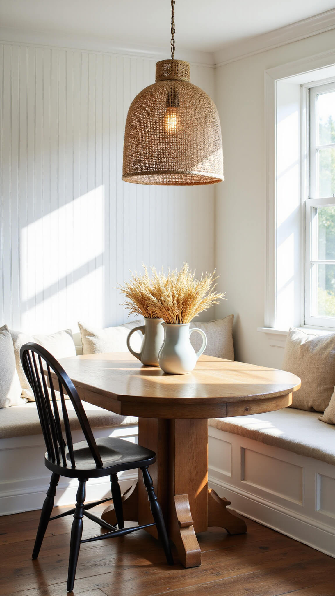 Cozy corner breakfast nook with built-in banquette, reclaimed wood table, vintage pitchers of dried wheat, mixed seating, and woven pendant light in warm afternoon light.
