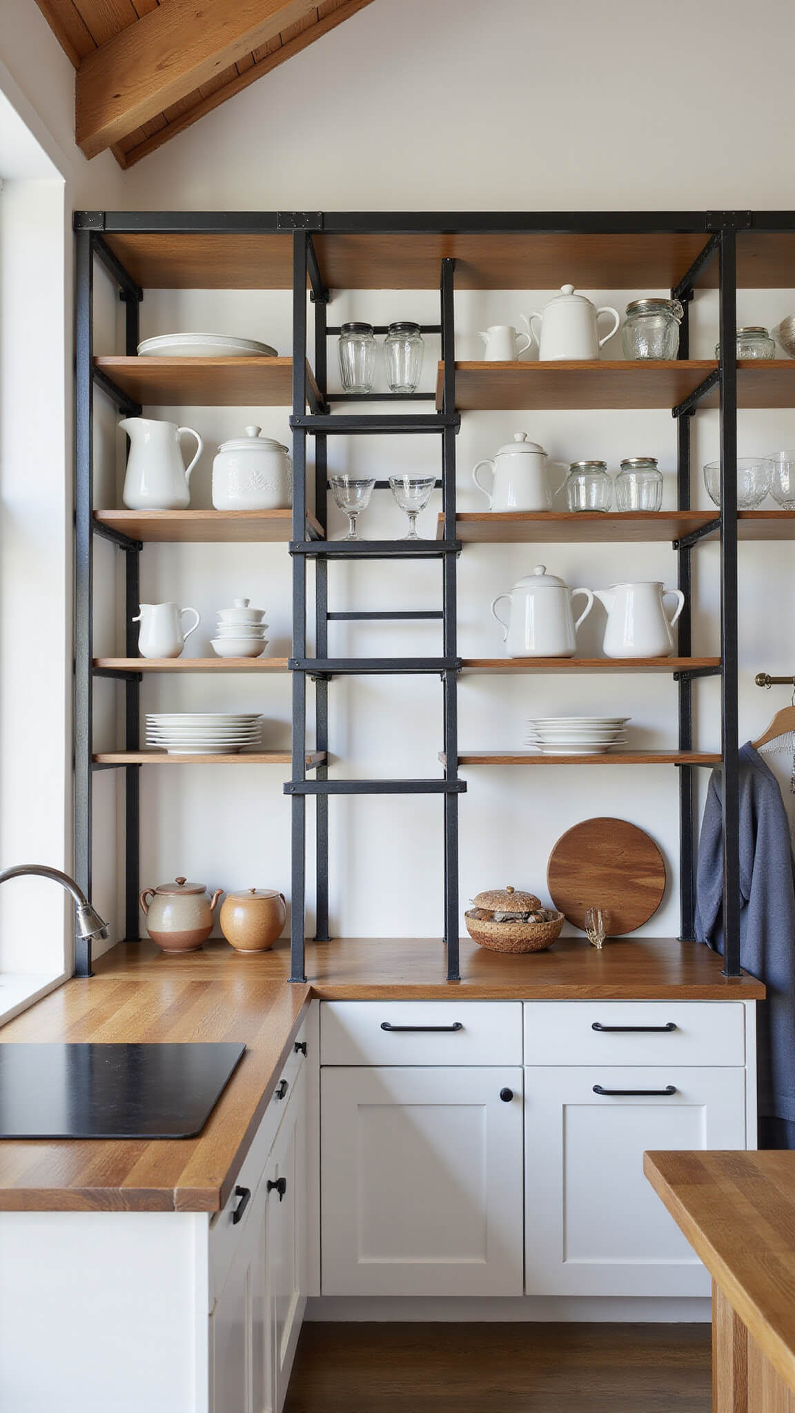 Open concept kitchen with 12ft floor-to-ceiling black metal open shelving displaying white ironstone, glass canisters, and wooden pieces, ladder rail system, dramatic natural light and shadows.